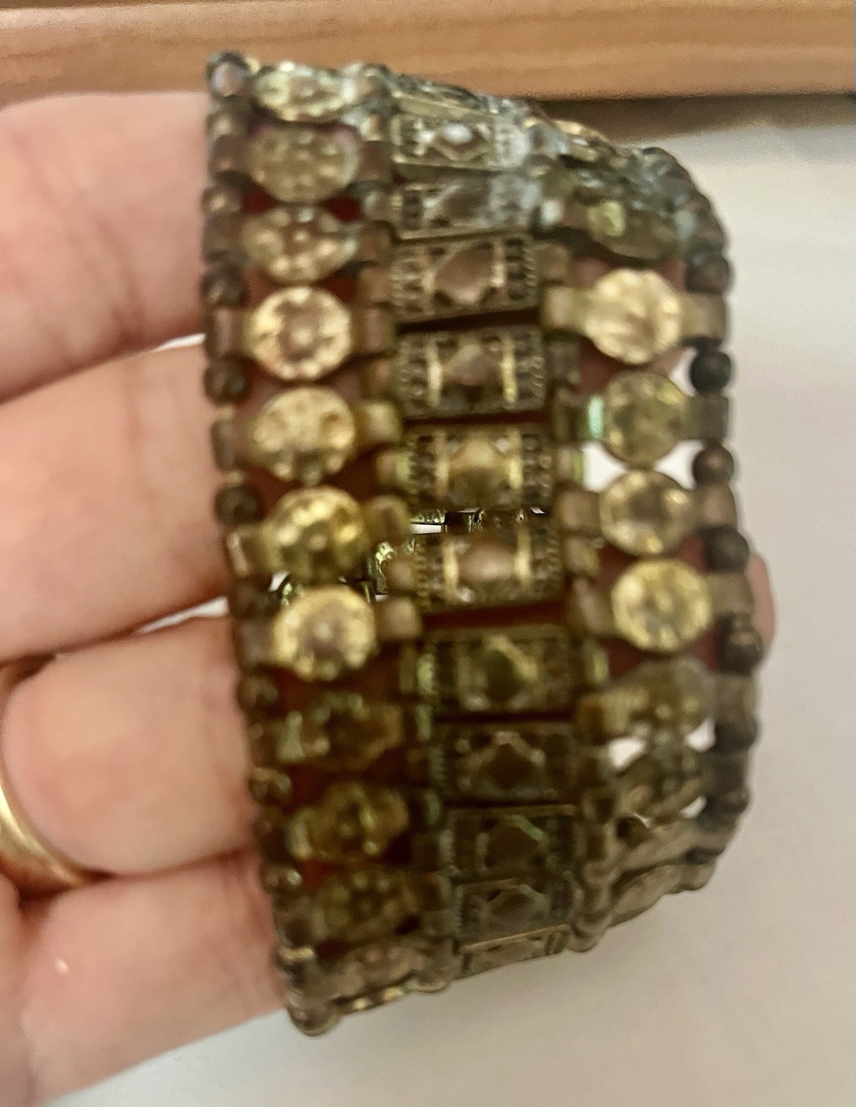 Vtg Brass Metal Ornate Beaded Stretch Cuff Bracelet 1.5” W One Size 6-8” Wrist