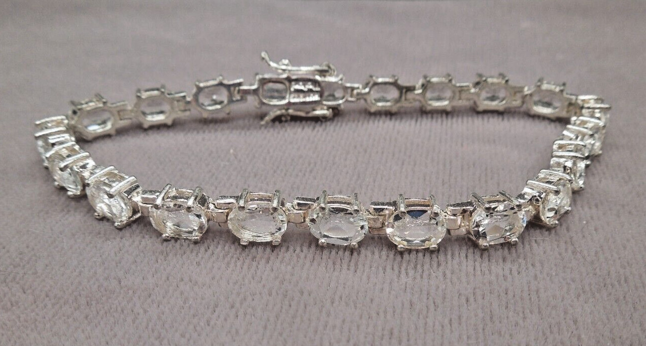 Vintage Sterling Silver Faceted Oval Clear White Topaz Tennis Bracelet 8″
