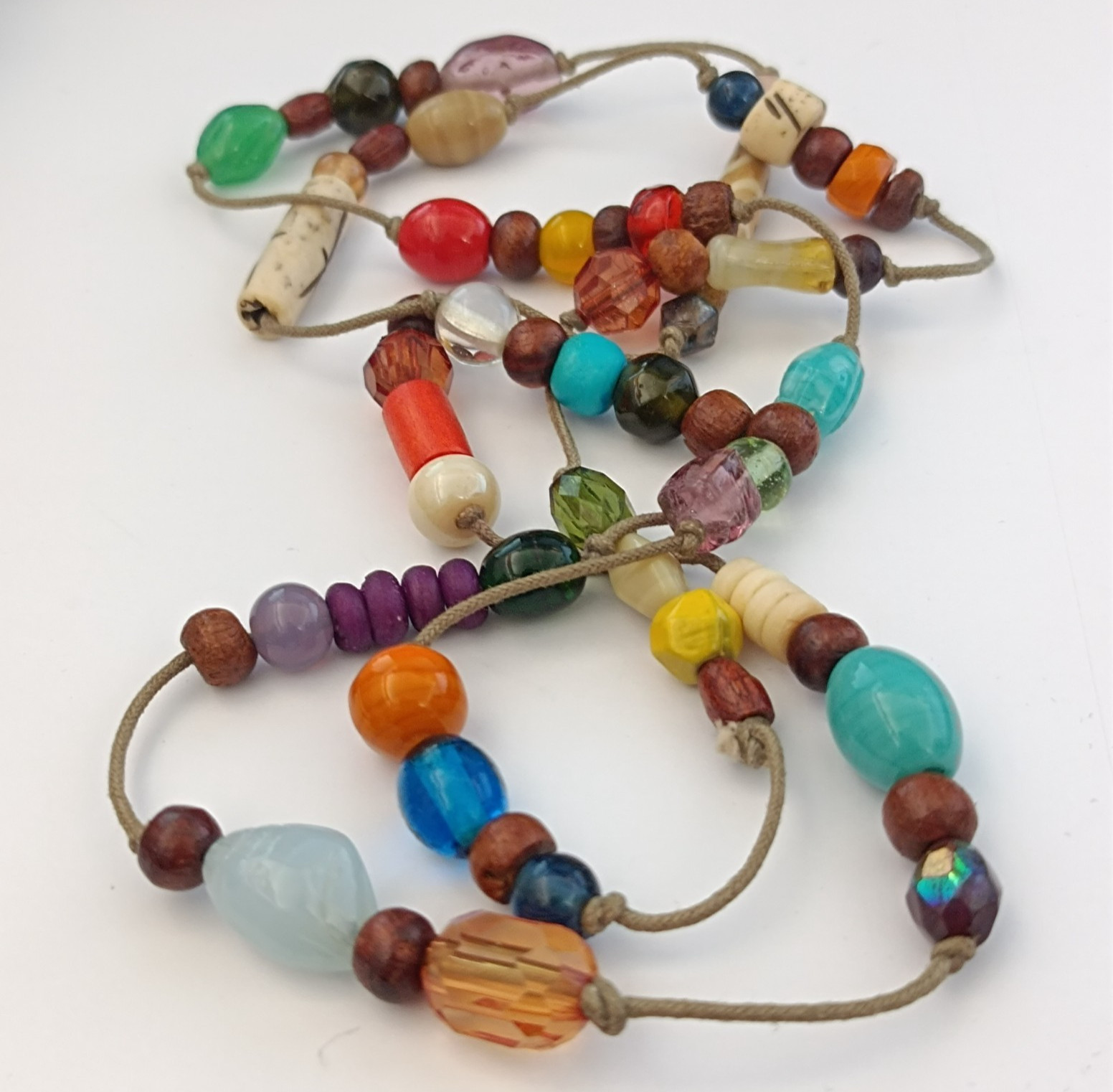Vintage Long Boho Lariat Necklace Mixed Beads Glass Ceramic Wood Knotted Station