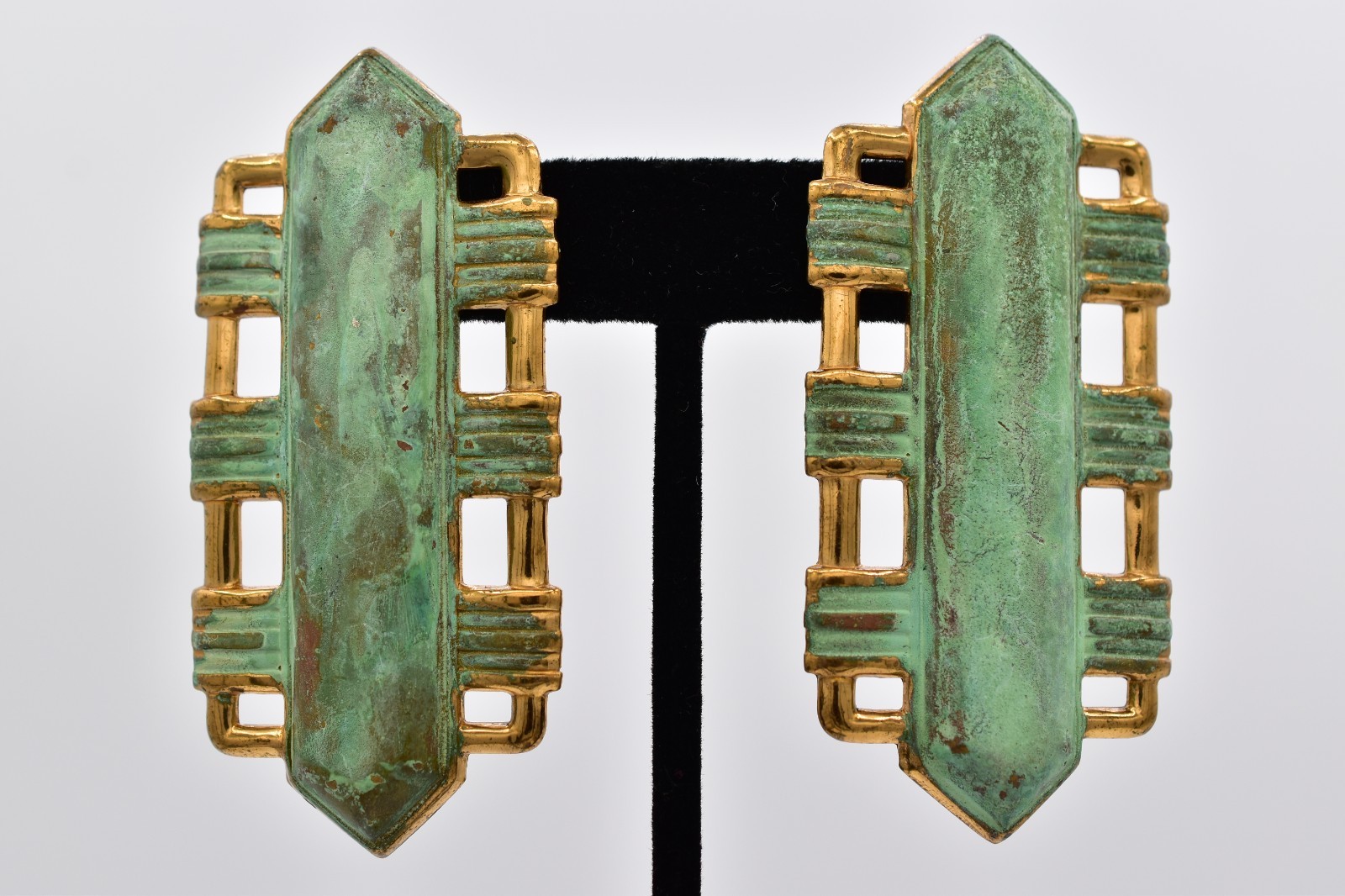 Vintage Brutalist Art Deco Verdigris Patina Gold Tone Drop Earrings 1970s BinAV