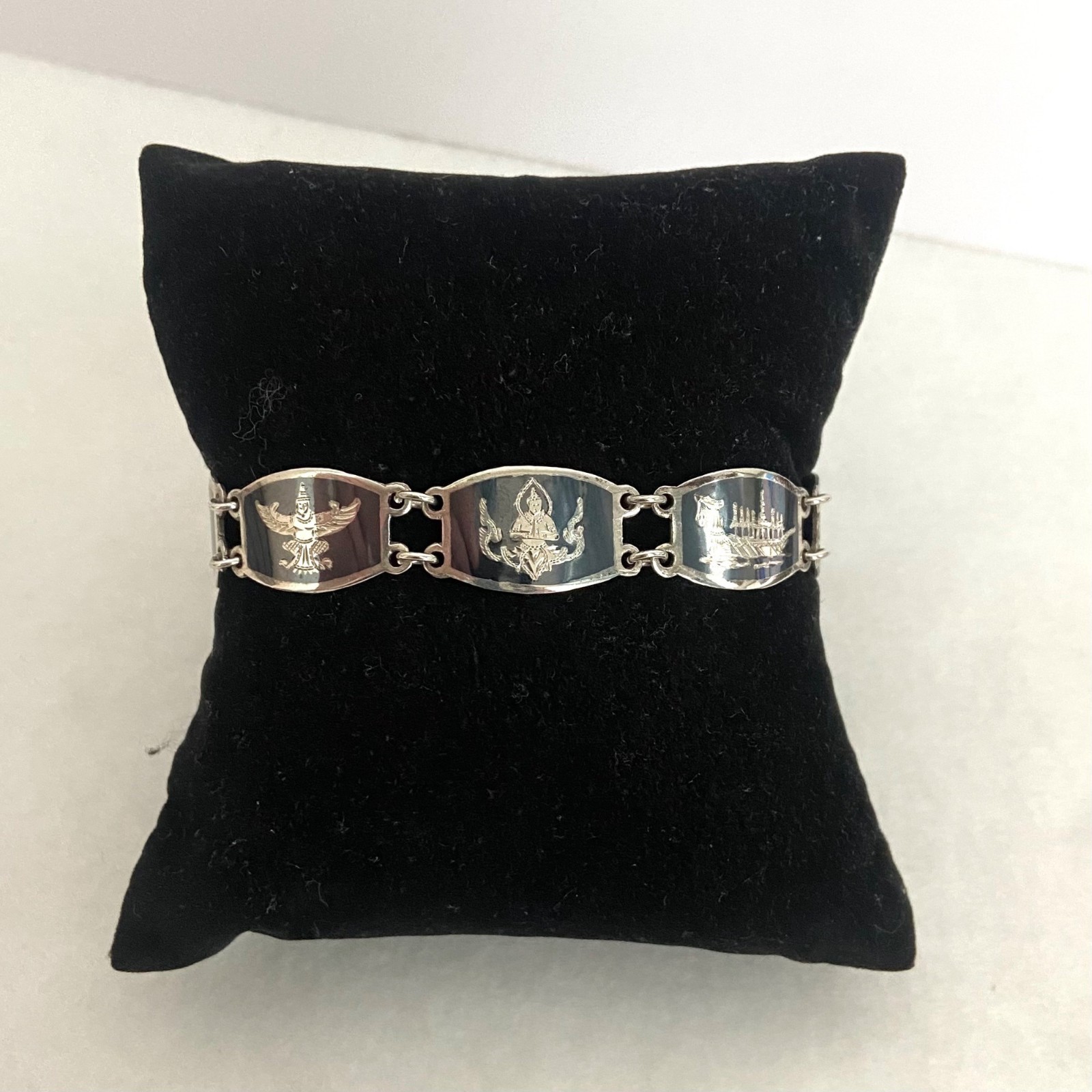 Signed SIAM Thai Sterling Silver 925 Black Niello Garuda Panel Bracelet 6.75″
