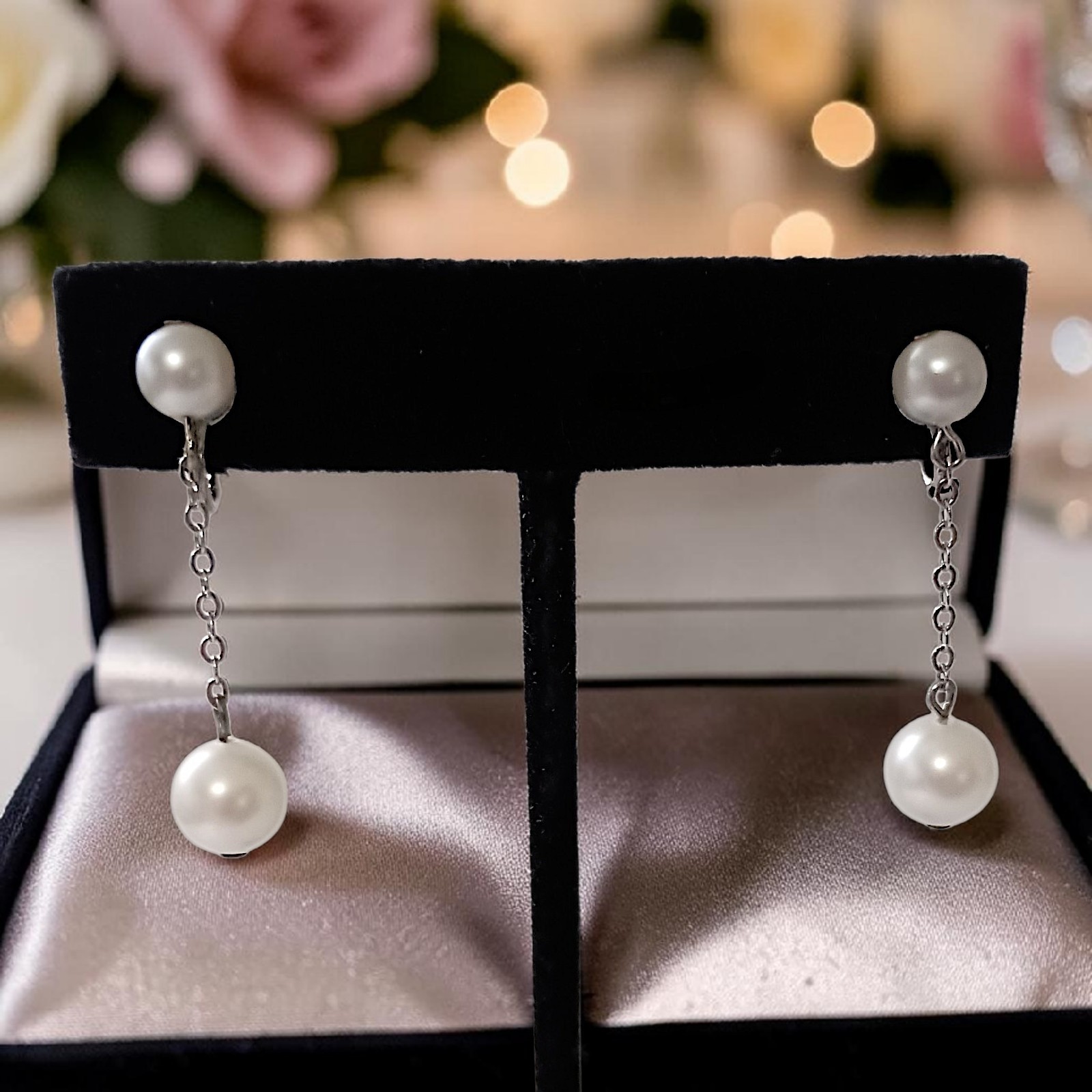 Vintage Faux Pearl Chain Dangle Earrings Dainty Delicate Silver Tone Elegant