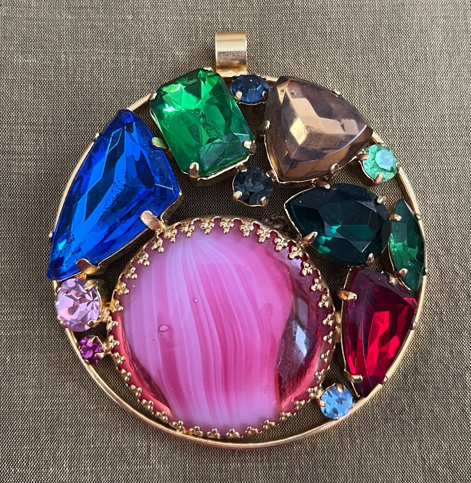 Vintage Pendant West Germany Filigree With Pink Givre Glass Cabochon Stunning!