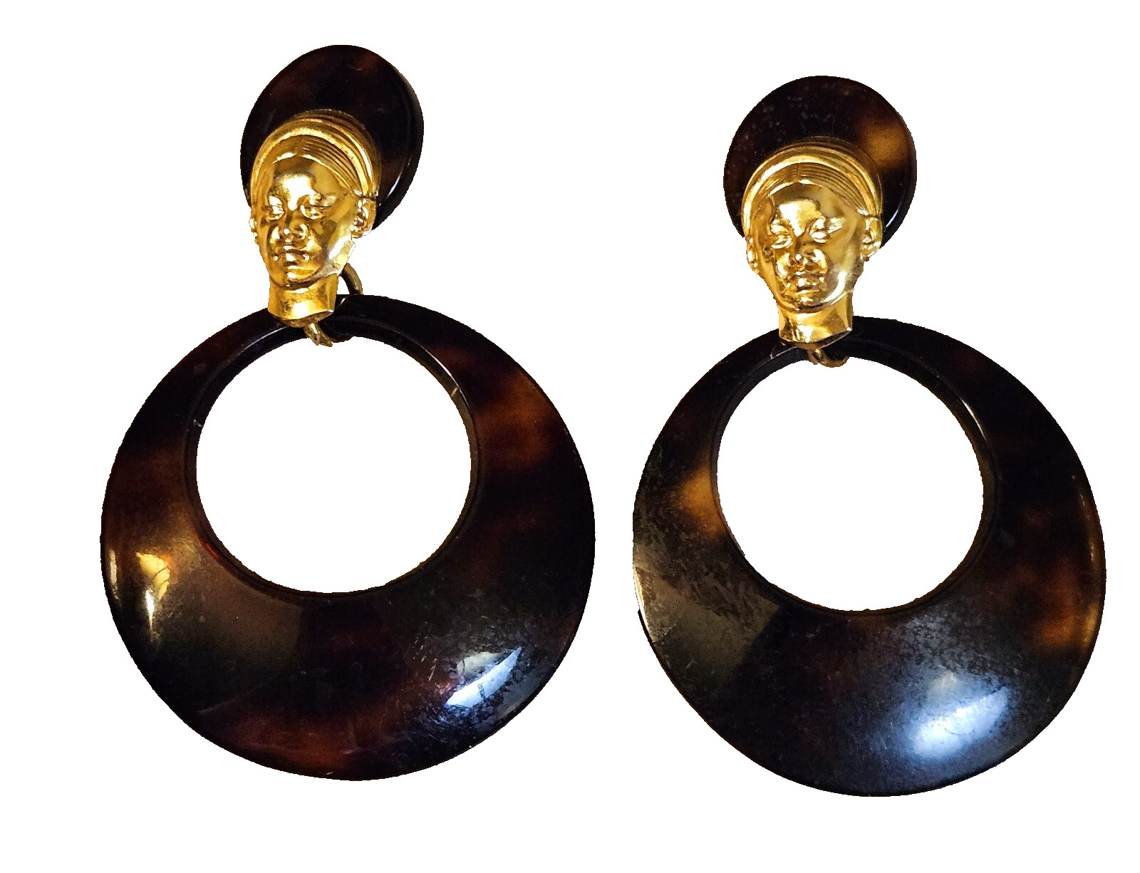 Door Knocker Earrings Tortoise Shell Acrylic Woman Head Gold Tone Pierced