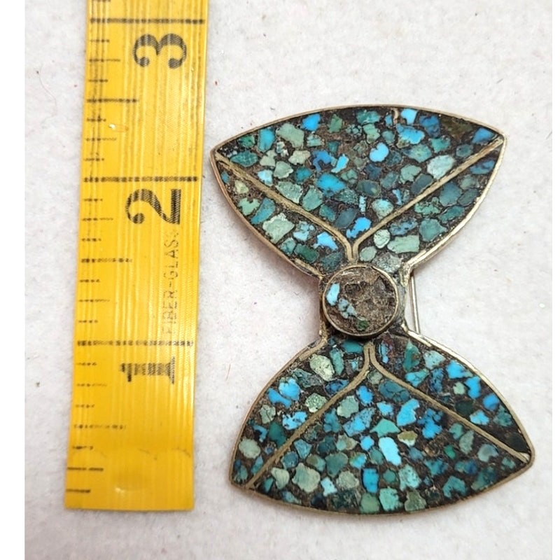Vintage Mid Century N. India Turquoise Mosaic Chip Inlay Bow Brooch Southwestern