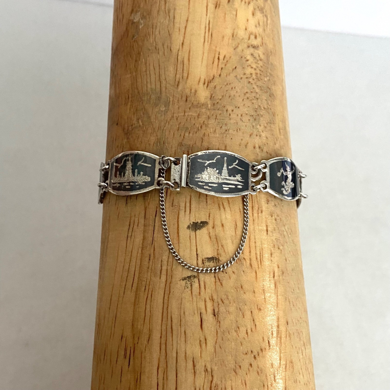 Signed SIAM Thai Sterling Silver 925 Black Niello Garuda Panel Bracelet 6.75″