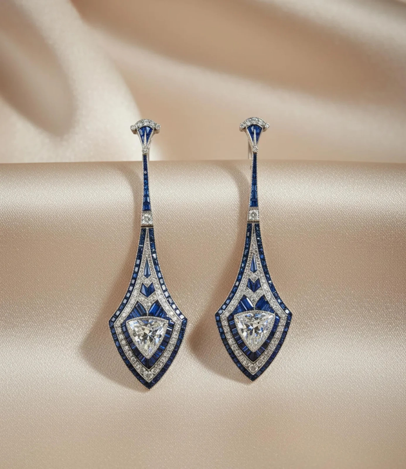 Art Deco Trillion Lab Created Diamond & Sapphire 14K White Gold FN Drop Earrings