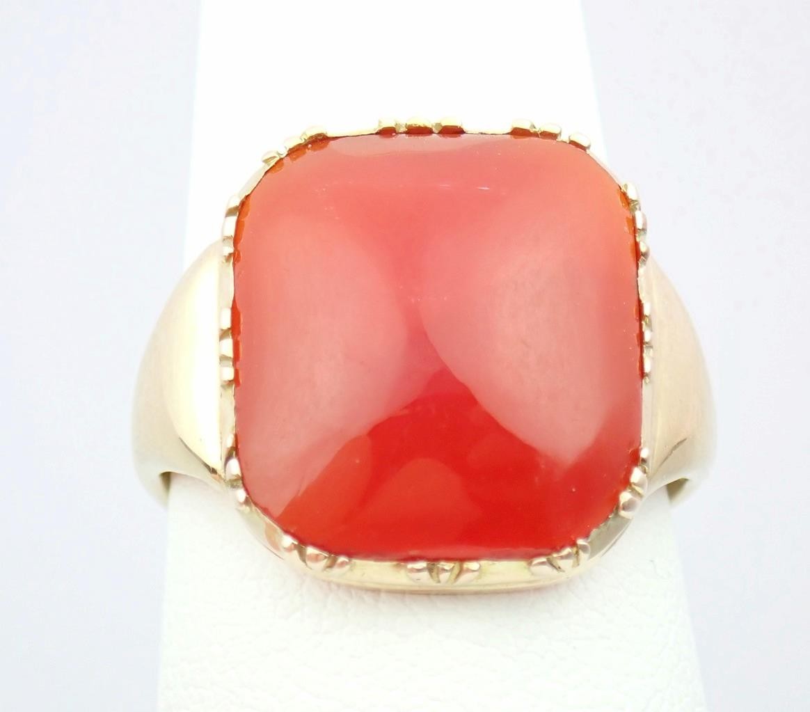 Glowing Antique Victorian DEAKIN & FRANCIS 9K Gold Carnelian Sugarloaf Ring Sz 7