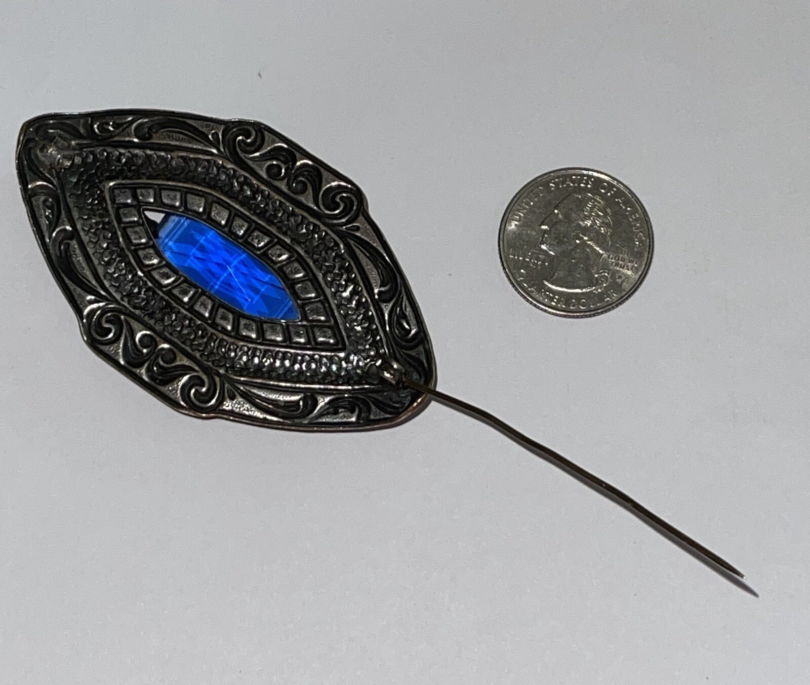 Art Nouveau Deco Lozenge Shape Blue Czech Glass Silvertone Filigree Brooch