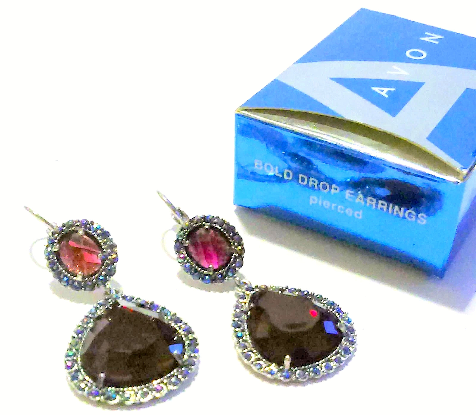 2007 Avon NR Purple & Blue Borealis Bold Drop Silver Tone Pierced Earrings 2-3/8