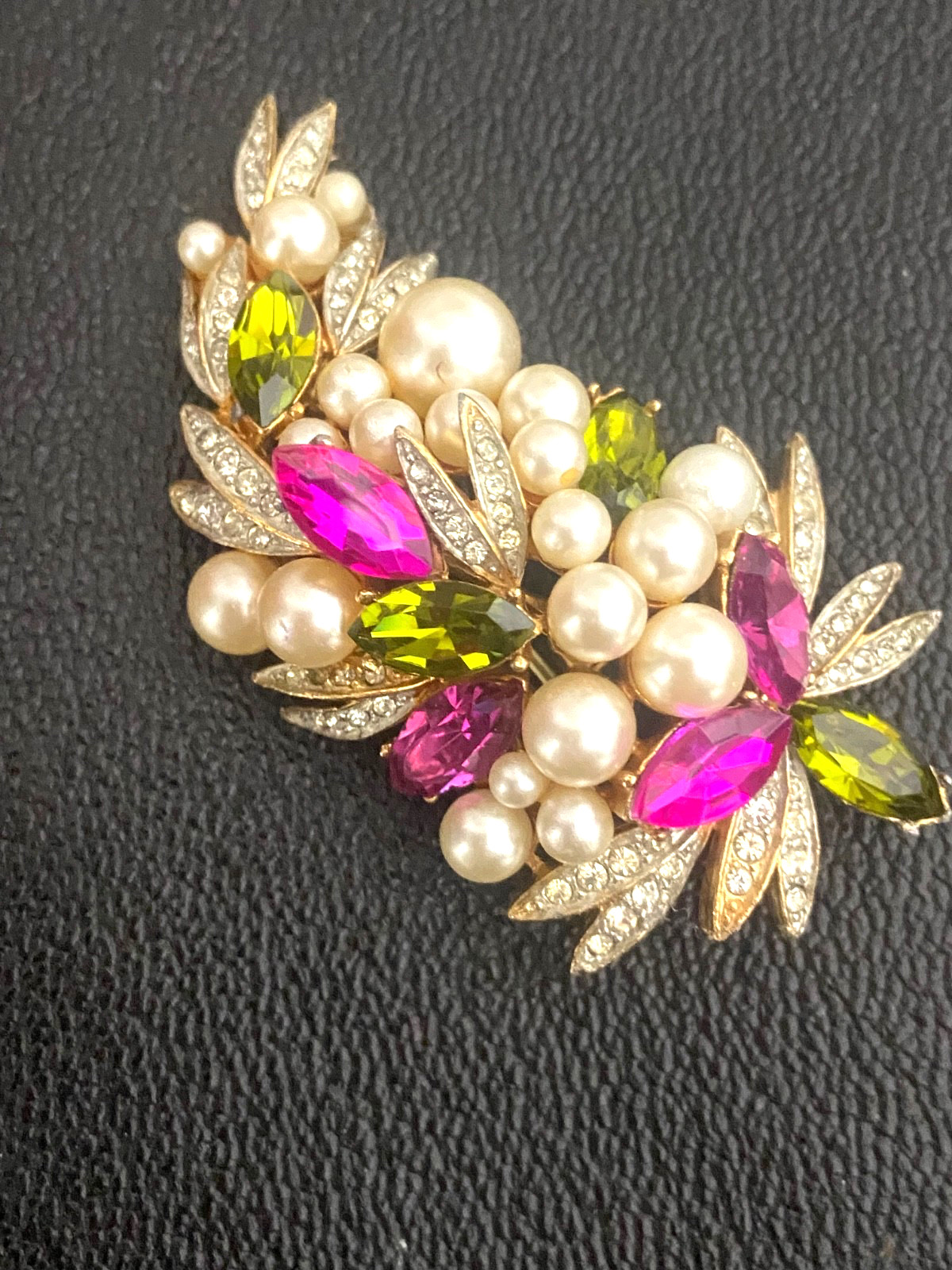 Vintage Brooch Pin, R. Mandle, Faux Pearls, Dark pink & green rhinestones