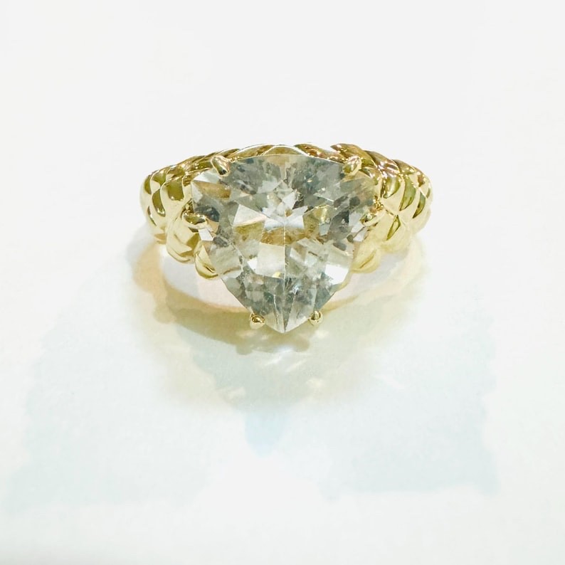 3ct 1980s Solid 10k Yellow Gold Trillion Natural White Quartz Statement Ring 7.5