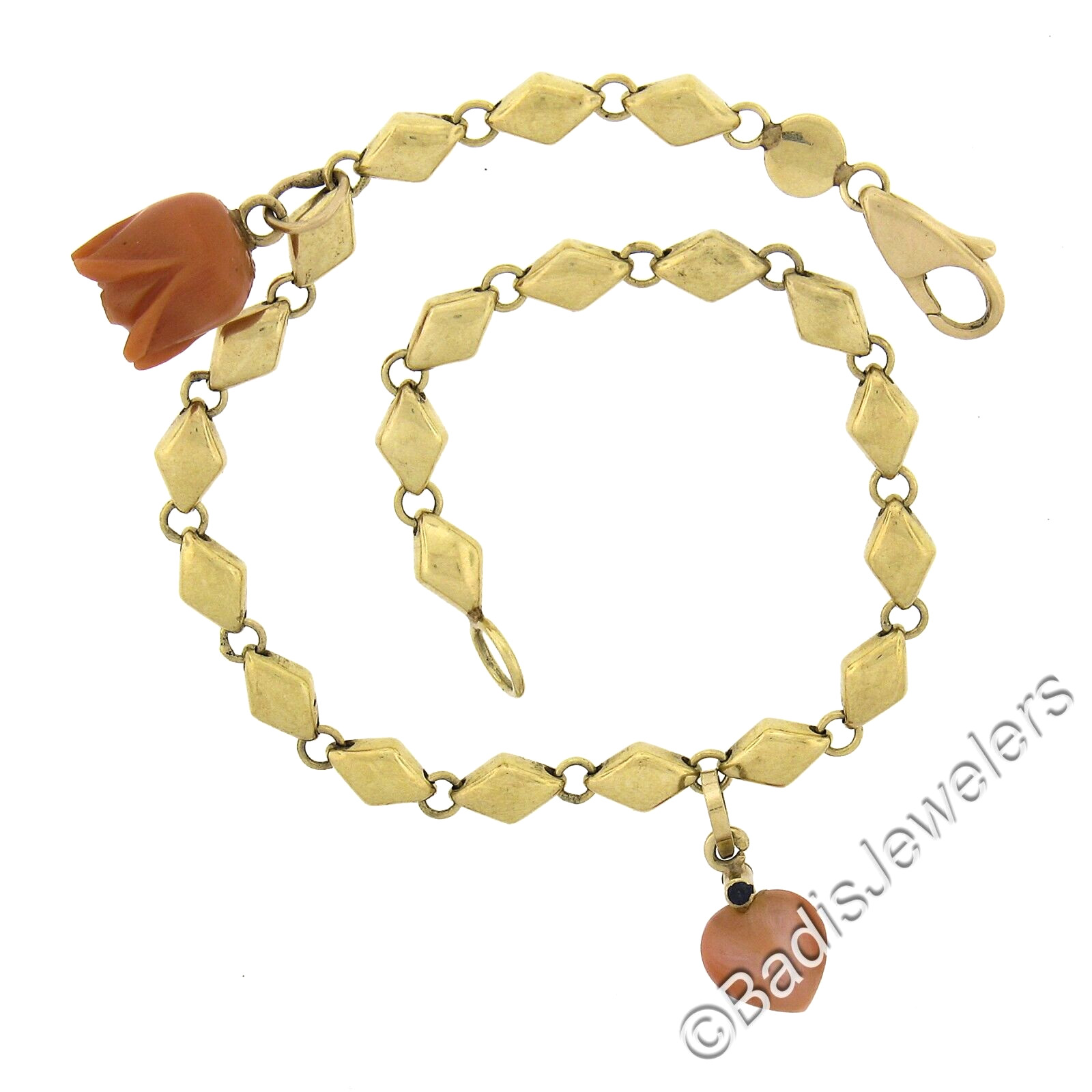 Vintage 14k Gold 6.75″ Lozenge Shaped Link Bracelet w/ Coral Rose & Heart Charms