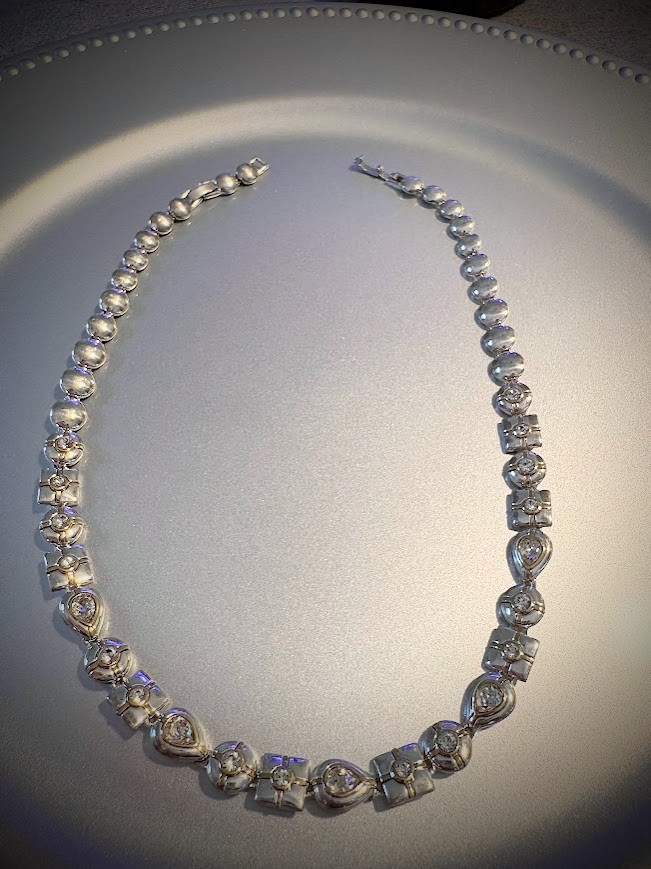 Vintage MONET Signed Two-Tone Silver/Gold Rhinestone Necklace 17″