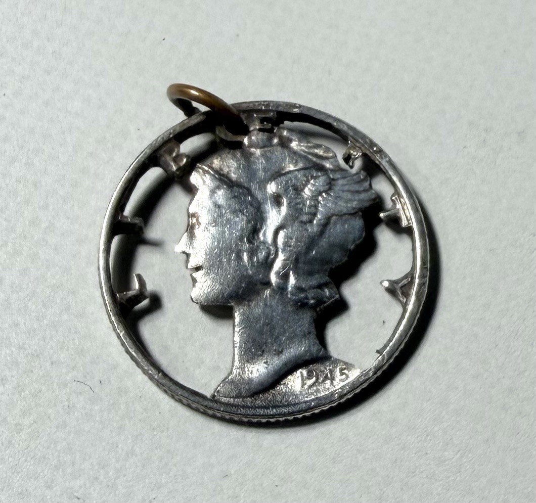 Vintage 1945 Mercury Dime Liberty Cut Out Pendant Charm Coin 90% Silver