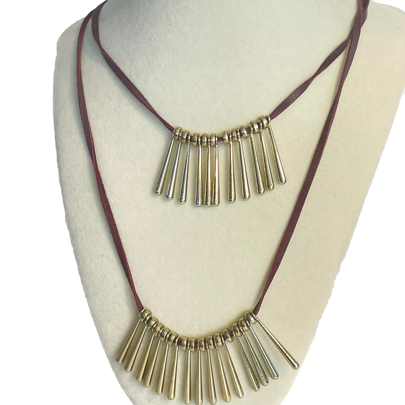Vtg WHBM Leather Cord Fringe Necklace Tassel Gold Boho Southwest Two Layer
