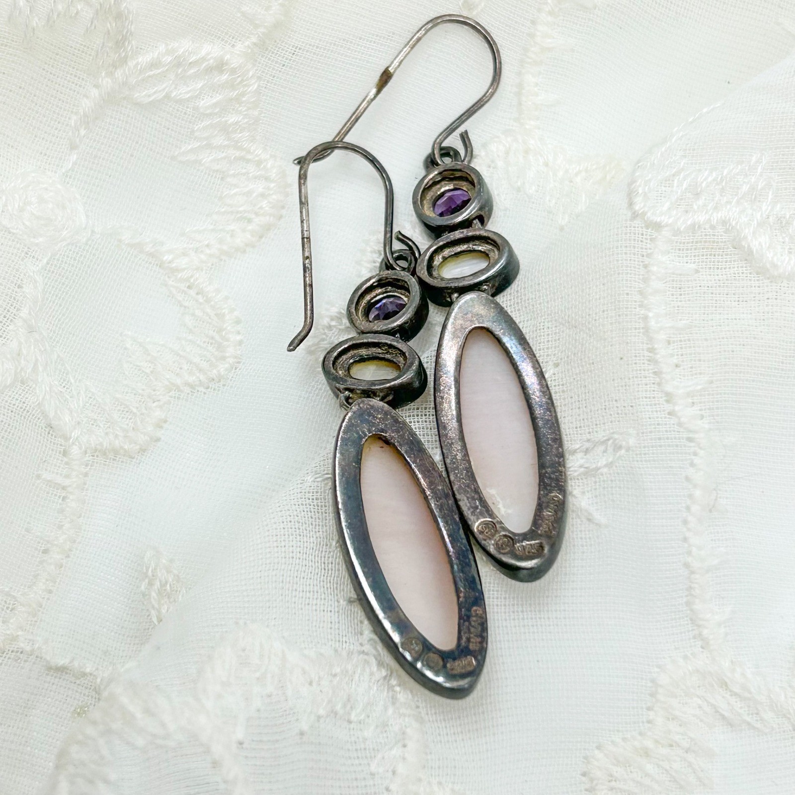 Vintage Sterling Silver Drop Earrings Amethyst/Purple Stone Shell Stone