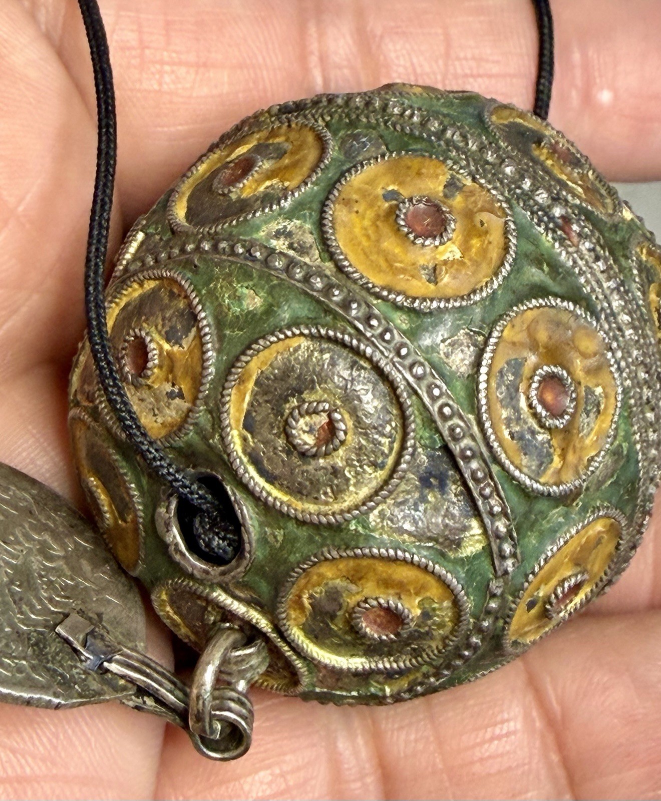 Antique Moroccan Enamel Silver Ball Pendent Necklace Coin Pendants Hand Crafted