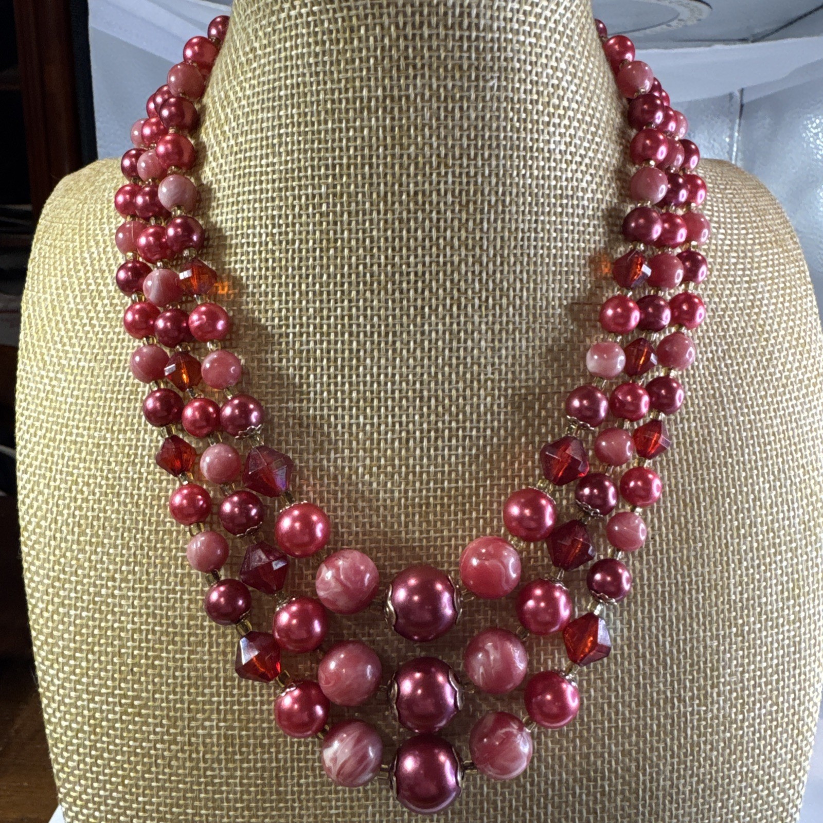 VTG 60s Japan Triple Strand Pink Plastic Layered Bead Statement Necklace