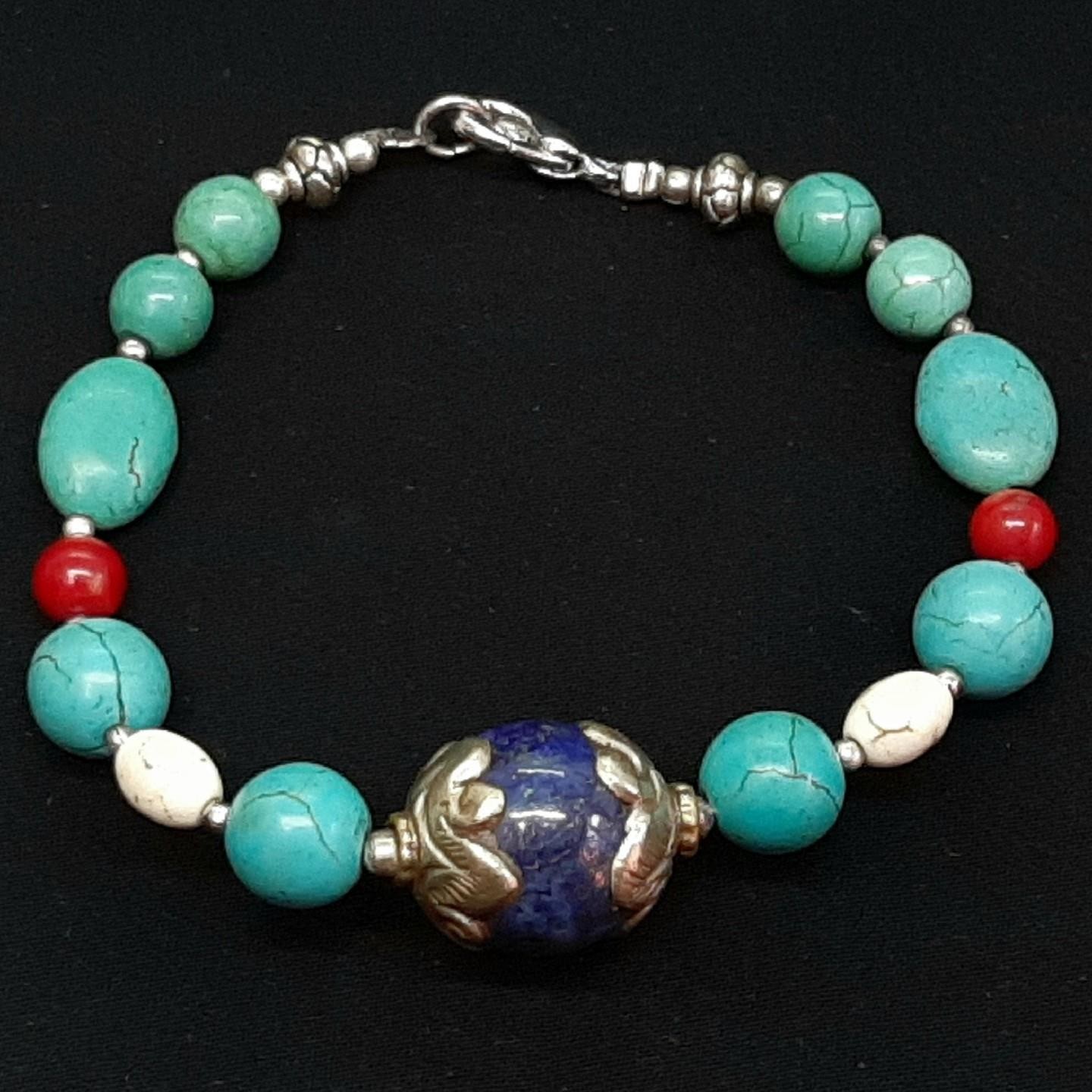 Vintage 53.50ctw Blue Turquoise, Coral & Lapis Lazuli Silver Bracelet 21.4g