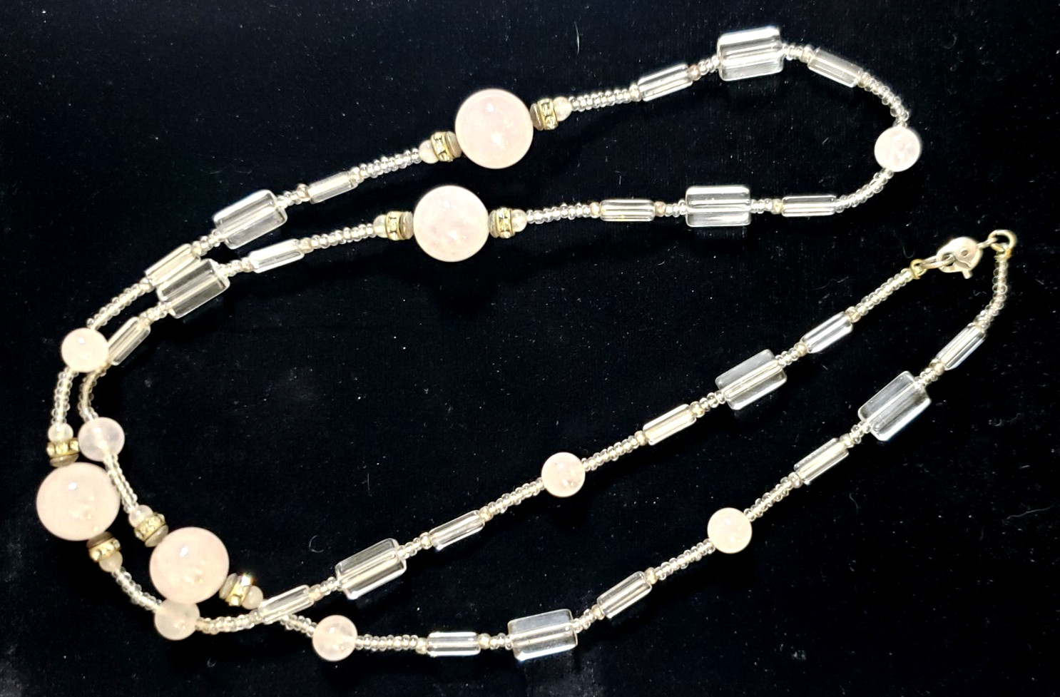 VTG ART GLASS BEAD NECKLACE Pink PateDeVerre/ Clear Sister Clasp Unsigned Beauty