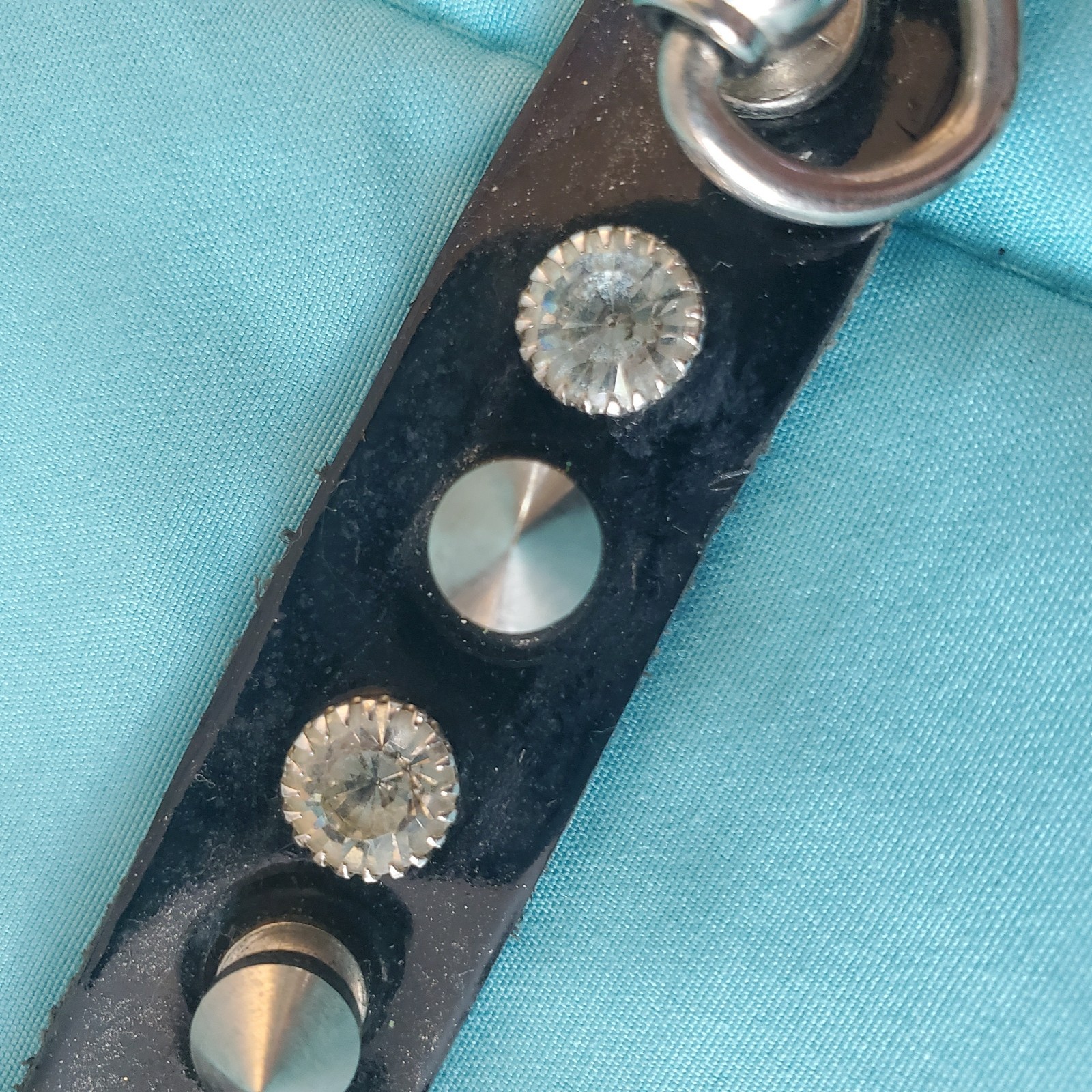 Vintage Black Patent Leather Spike Rhinestone O-Ring Choker Goth Punk