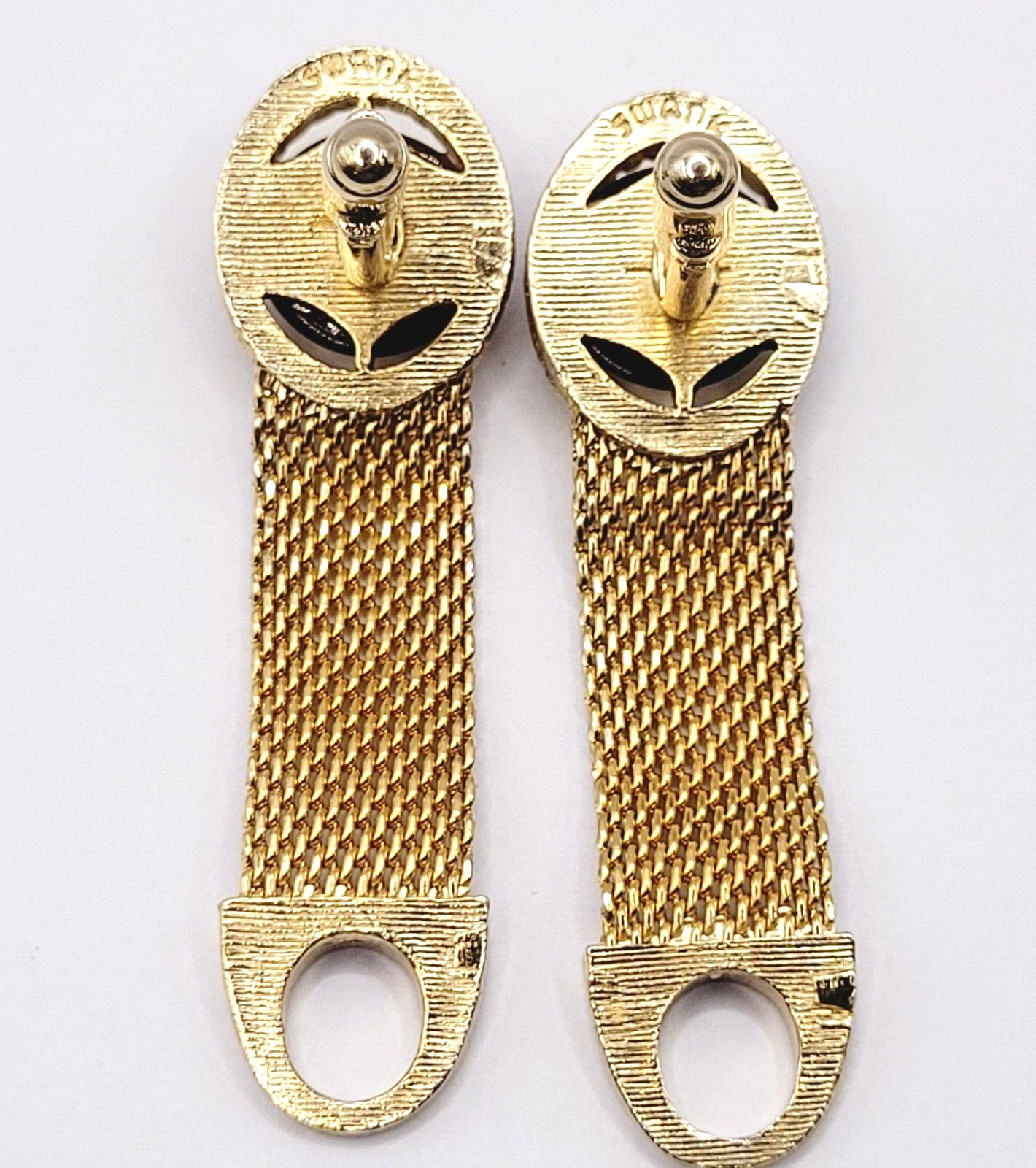 Swank Brown Lucite Tigers Eye Cabochon Center Gold Mesh Wrap Fancy Cufflinks