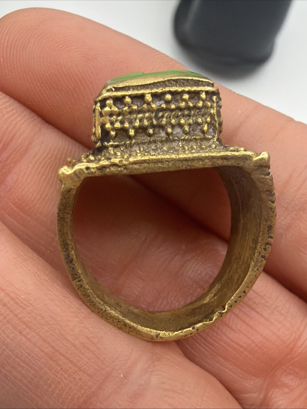 Old World Style Intaglio Ring – Green Engraved Stone, Ornate Scrollwork Band
