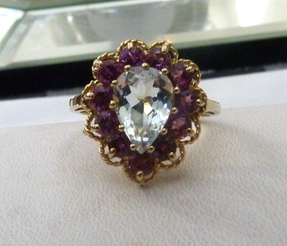 DESIGNER MEI 10K YELLOW GOLD 4.3CTTW PEAR AQUAMARINE RHODOLITE GARNET RING 7.5