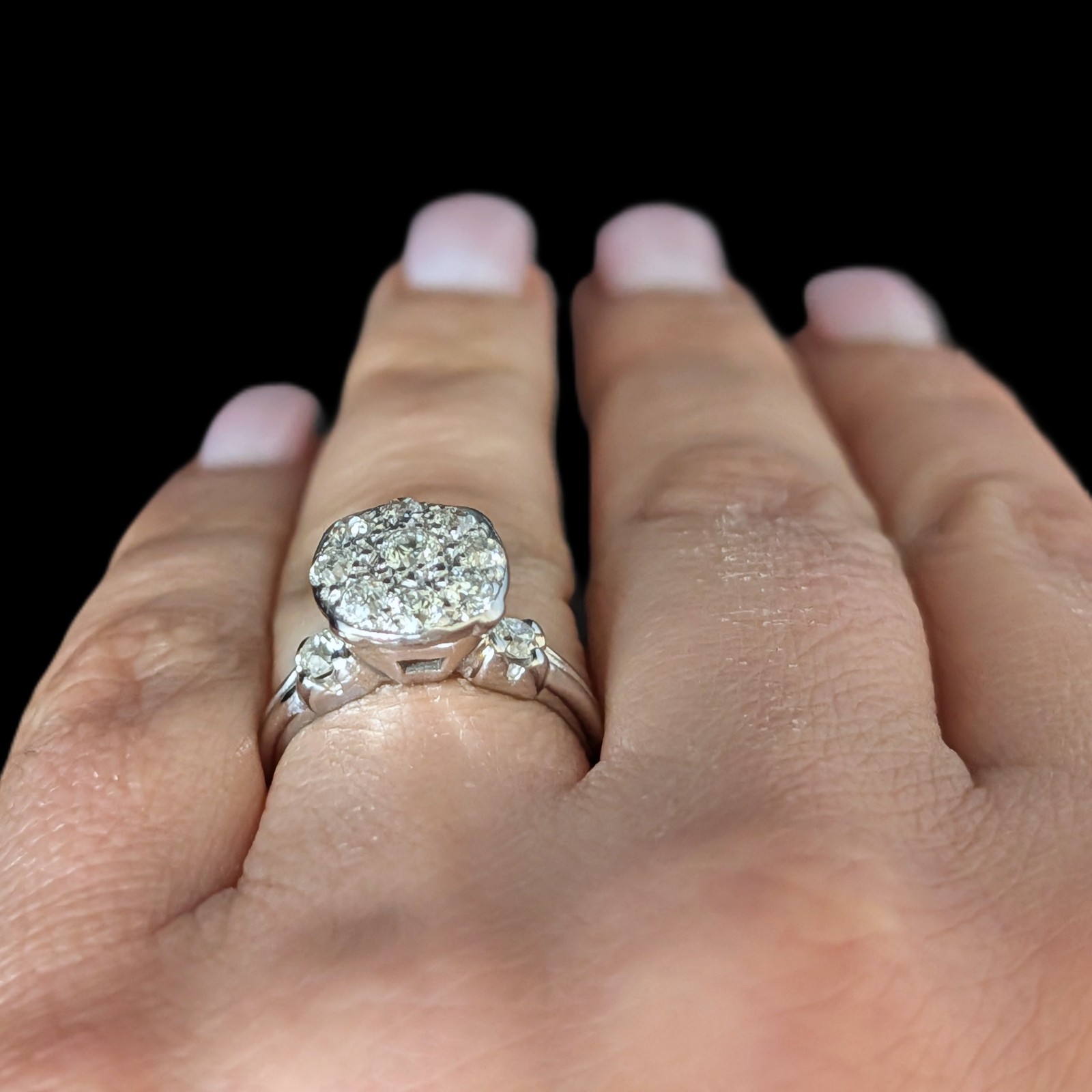 Vintage Old European Cut Diamonds 12k-14k White Gold Cluster Cocktail Ring Gift