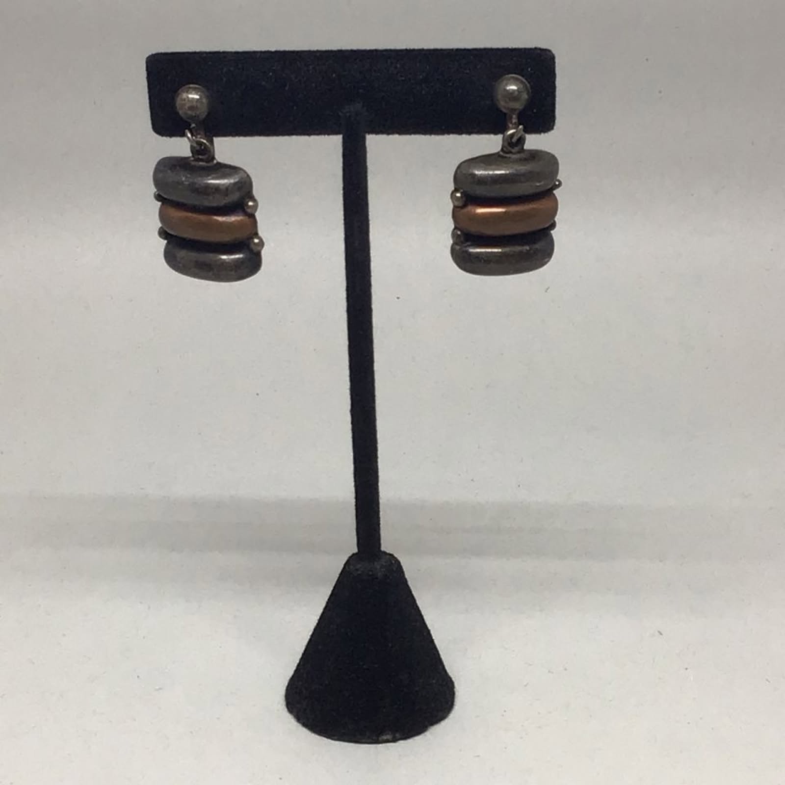 Vintage Rare Taxco Modernist M Ocampo Mexico, Sterling & Copper Earrings