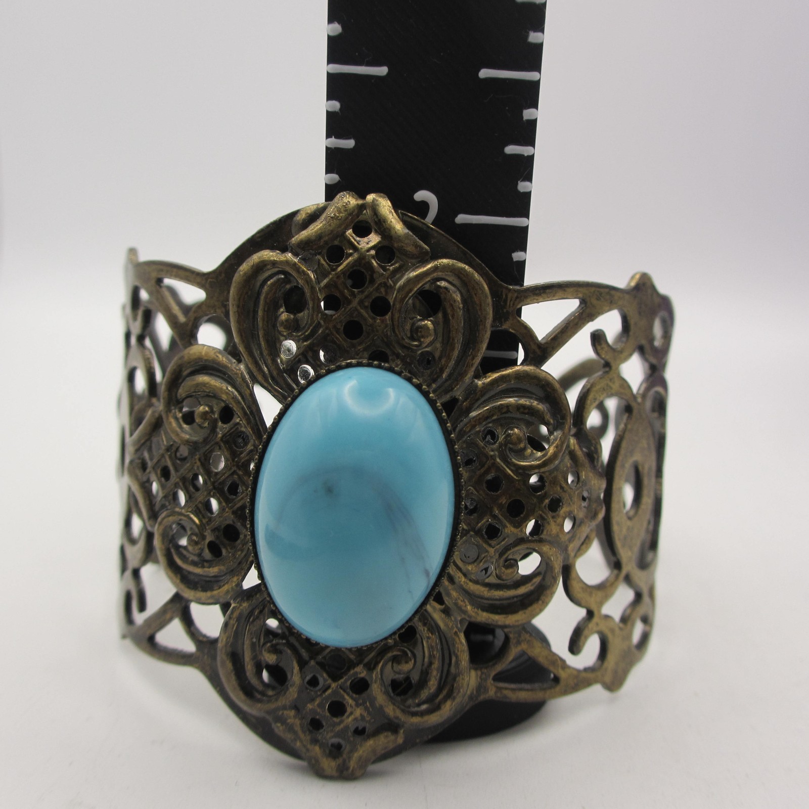 Vintage Open Cuff Bracelet Filigree Bronze Tone Blue Cabochon Statement