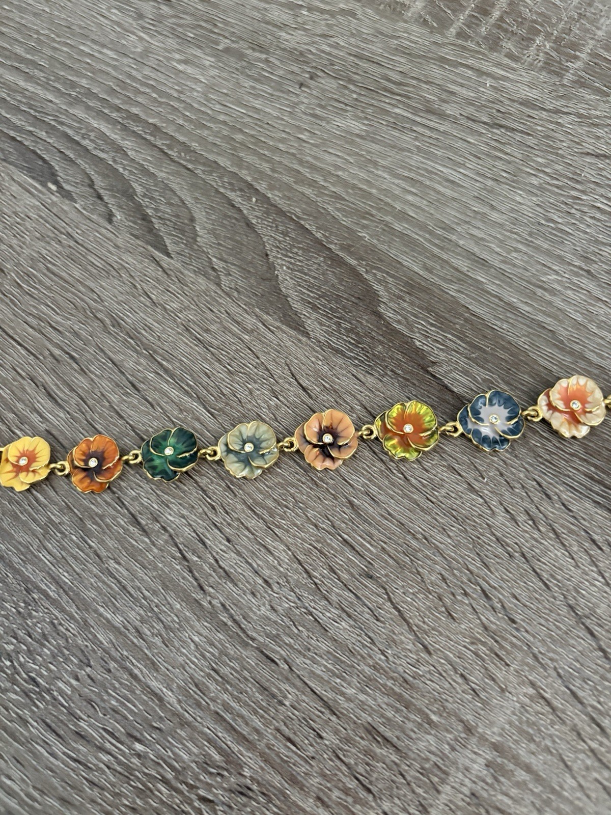 Vintage Joan Rivers Pansy Bracelet Floral Enamel Multicolor Gold Tone