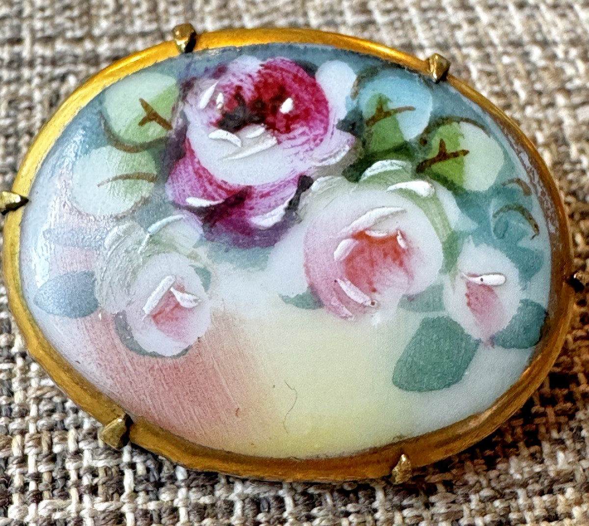 Vintage Victorian Style Hand Painted Floral Bouquet Porcelain Pin Brooch Roses