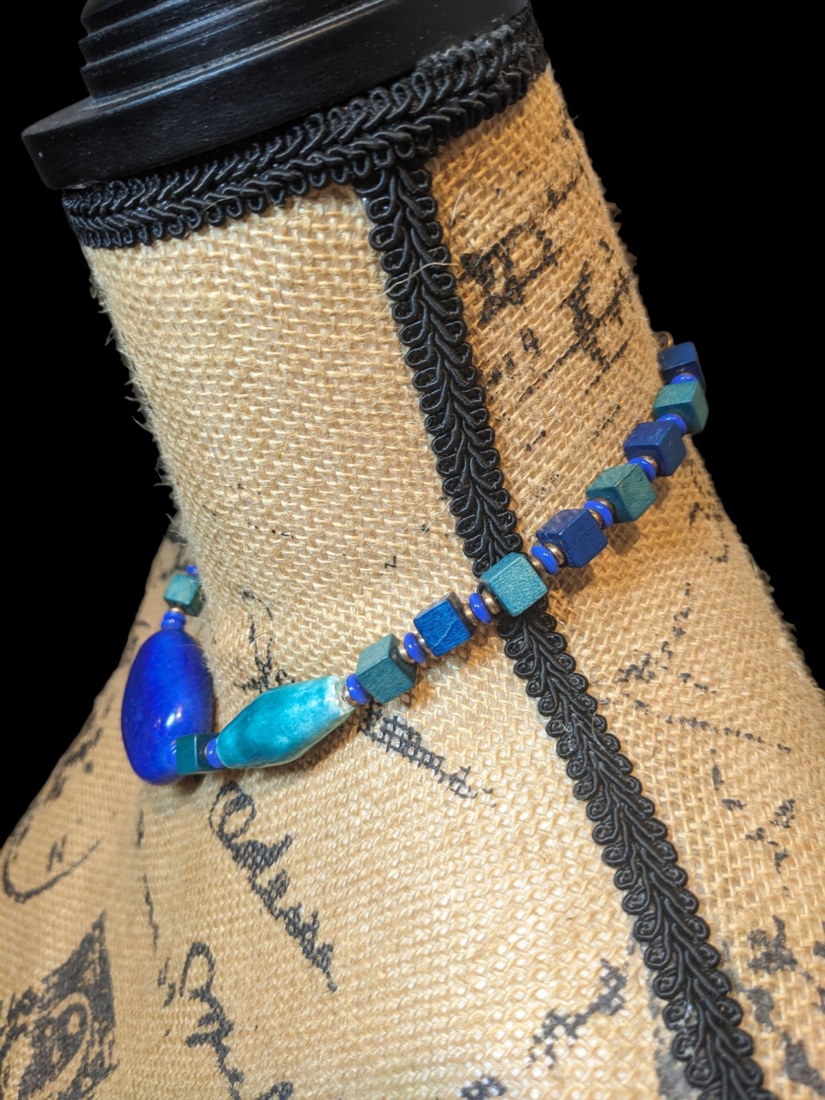 Vintage Miriam Haskell Blue Green Ceramic Wood Egyptian Revival Choker Necklace
