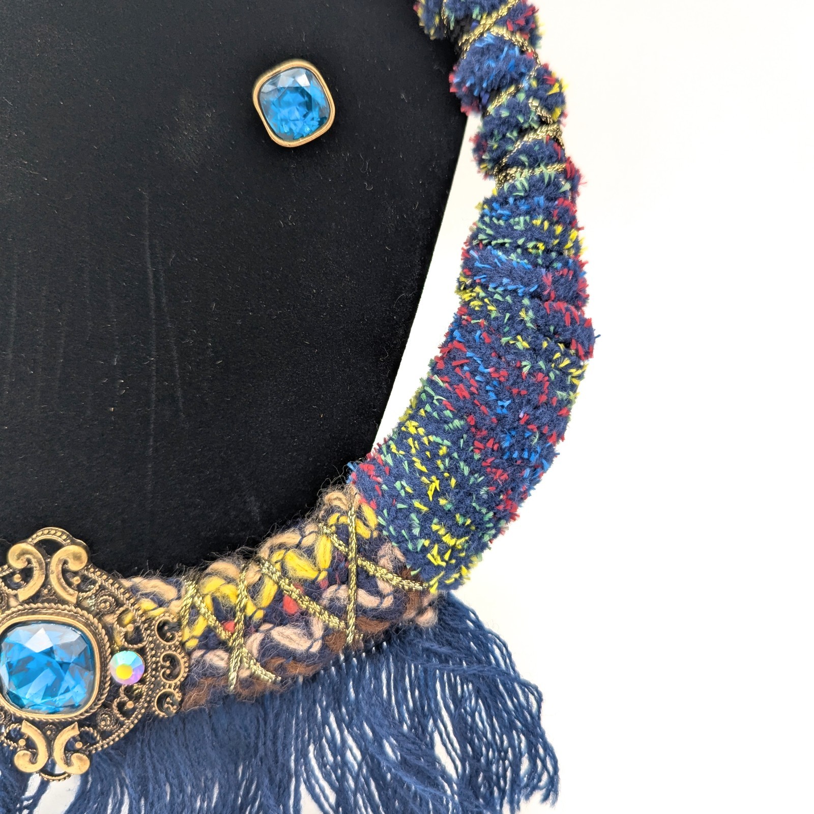 Vintage Victorian Revival Necklace Handmade Fiber Macrame Rhinestone Fringe Stud