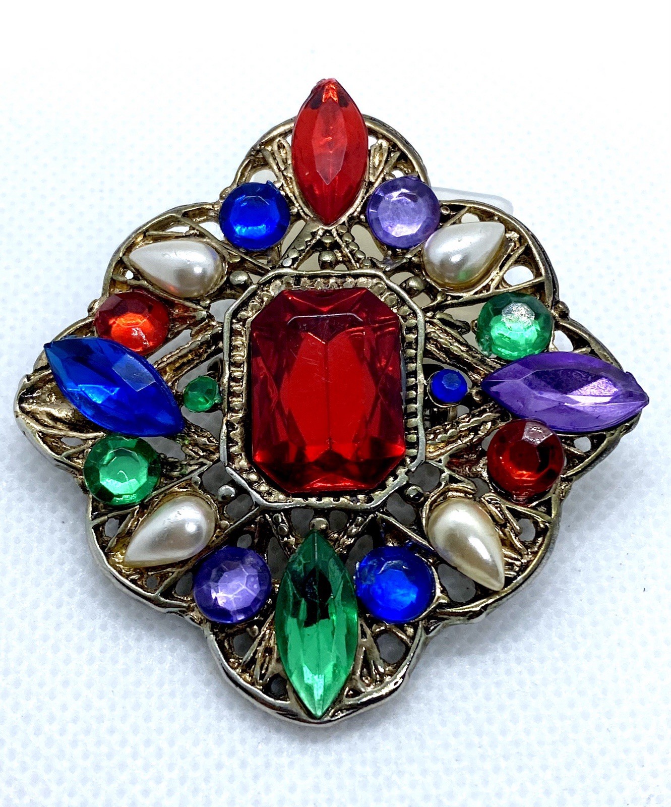 Vintage LG Silver Gold Tone Red Blue Green Faux Stone Pearl Brooch