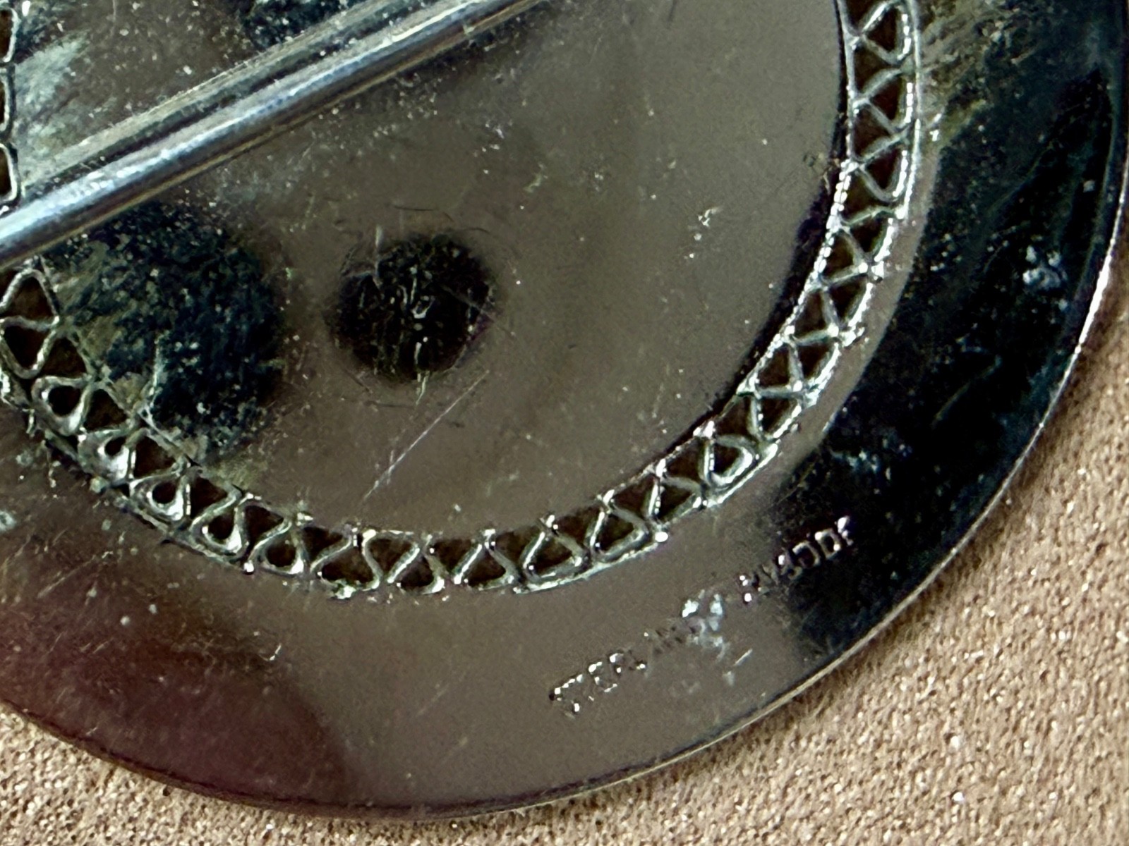 Initial Letter P ? Calligraphy On Vintage Sterling Silver Round Disc Brooch