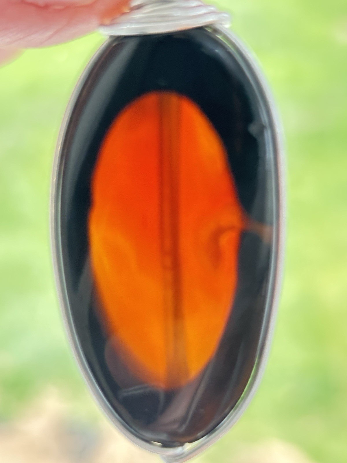 Handmade Wire Wrapped Pendant Dk Amber Orange Translucent Stone or Glass Artisan