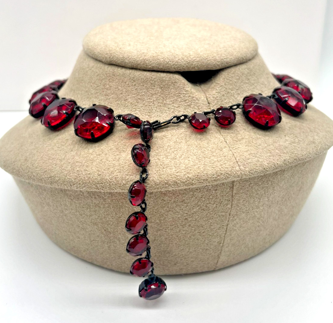 VTG Art Deco Japanned Ruby Red Riviere Collar Necklace