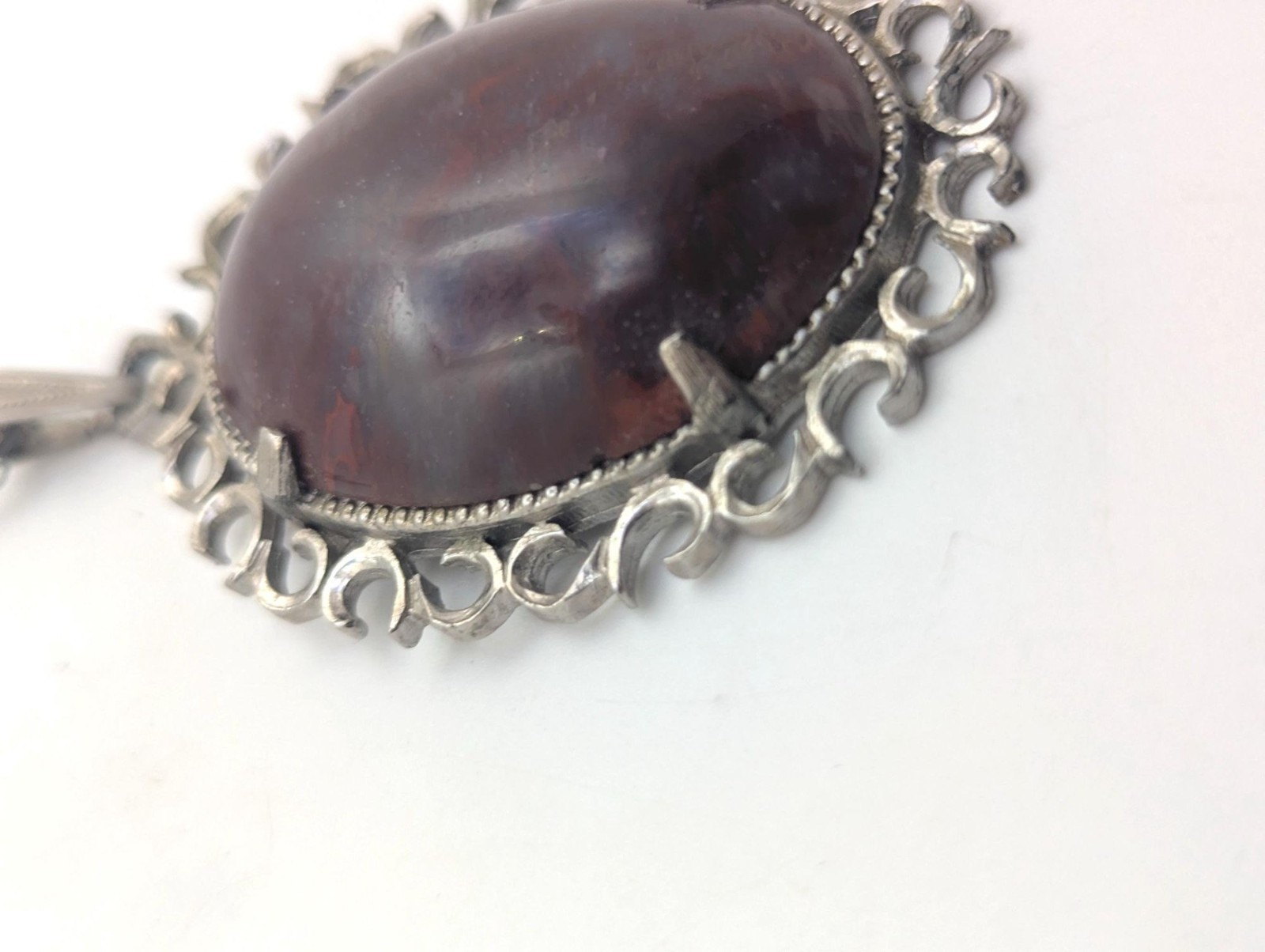 Vintage Agate Stone Deep Purple Blue Long Silver Chain Necklace Layering Gift