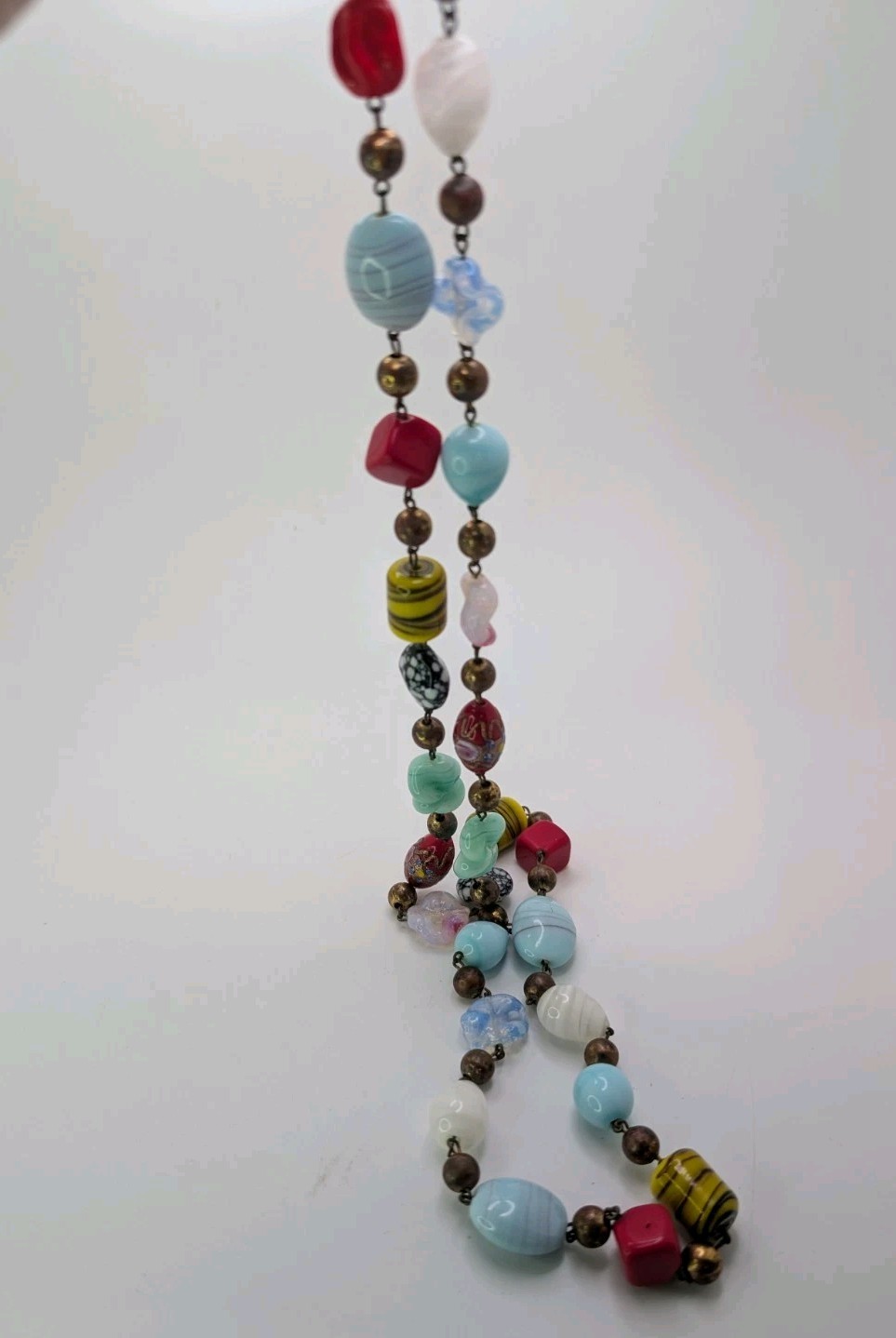 VTG Colorful Glass Metal & PlasticBead Necklace Painted Bronze Swirls Long