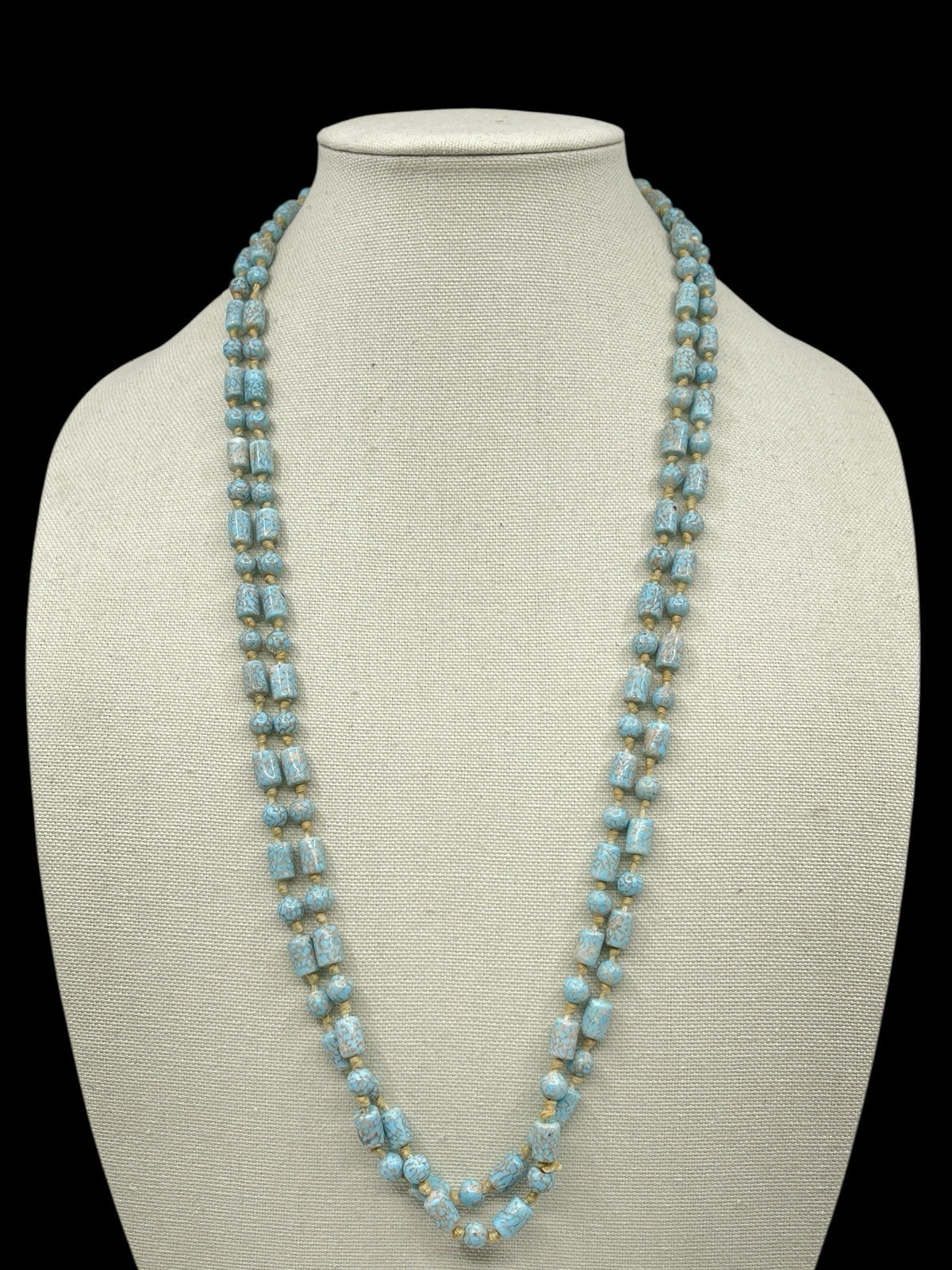 Long Antique Art Deco Circa 1920’s Robin’s Egg Blue Flapper Bead Necklace 60” L