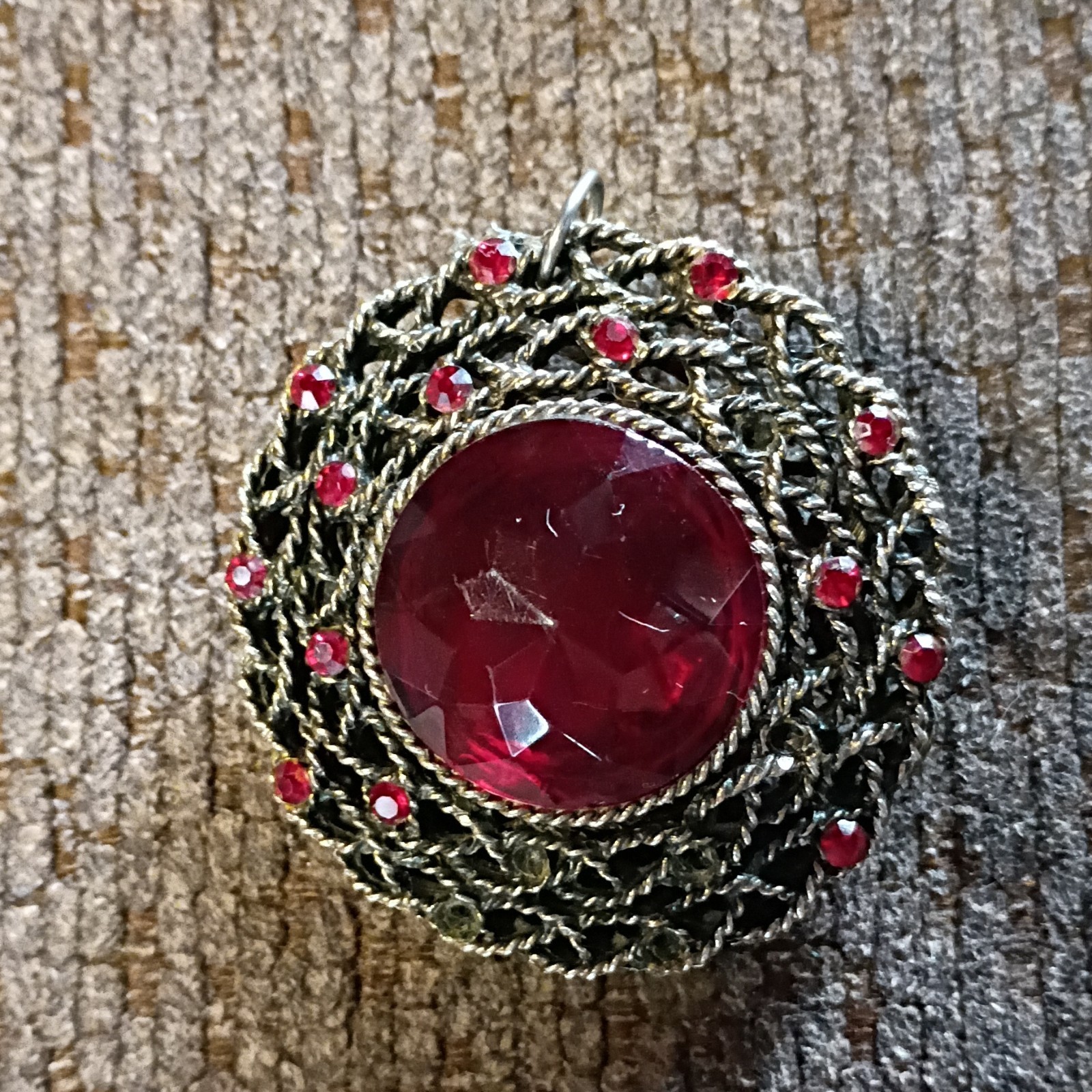 Vintage Round Red Glass pendant with Silver Metal Accents