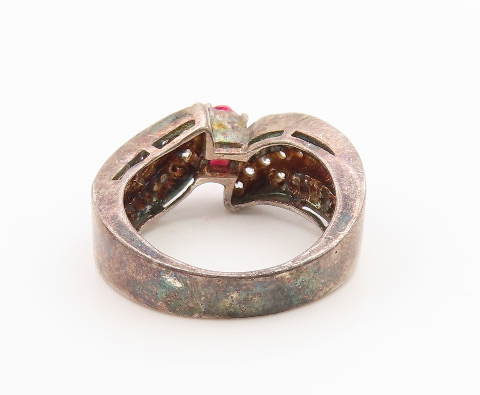 925 Sterling Silver Vintage Ring Oval Ruby & Sapphire Bypass Band Sz 6 RG35861