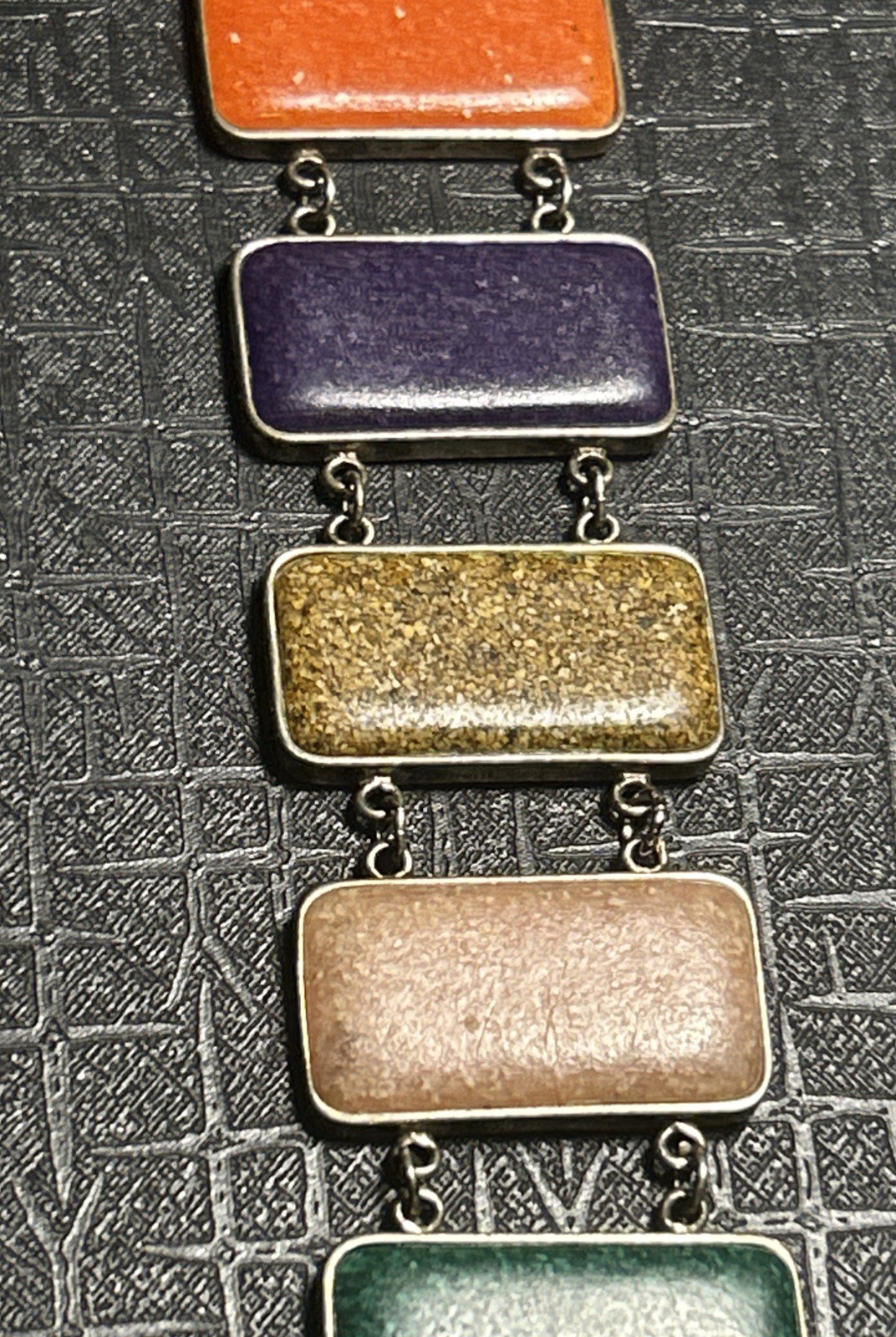VTG Sterling Silver Multi Natural Crushed Gemstone Panel Bracelet Rectangle 925
