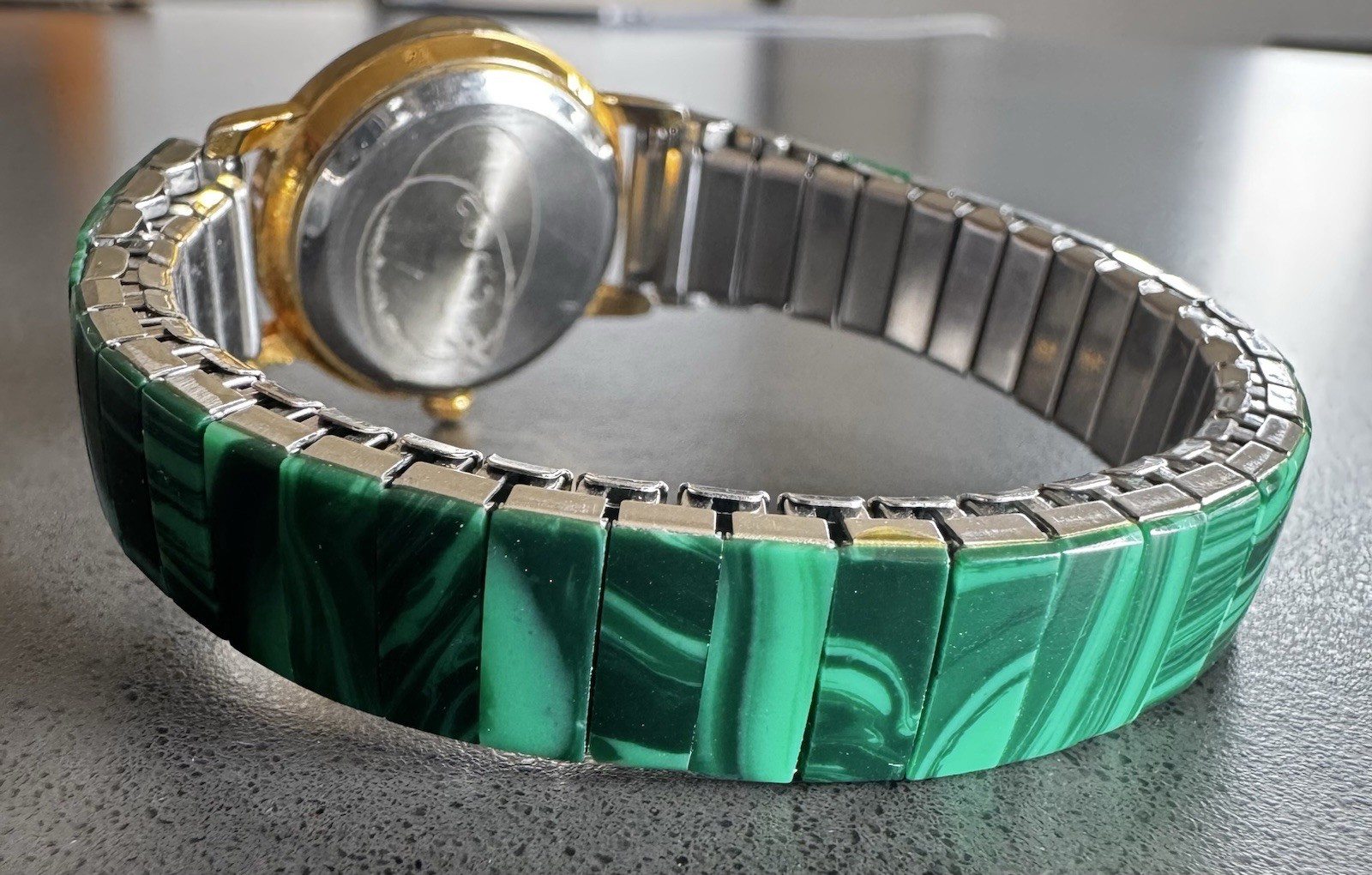 Vintage M. Cassini Women’s Malachite Stretch Band Quartz Watch Size 6”