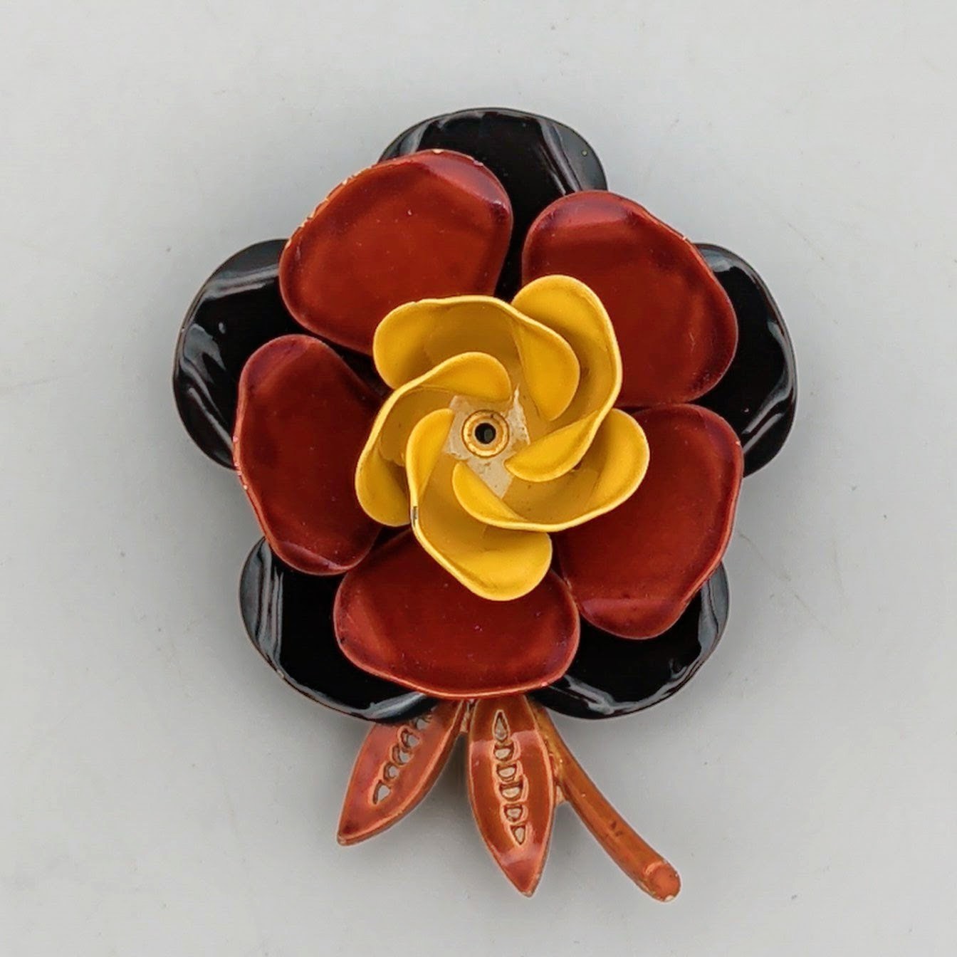Vtg Yellow Rust Brown Enamel Flower Brooch Mod Pop Art 3D Floral Pin 1960s MCM