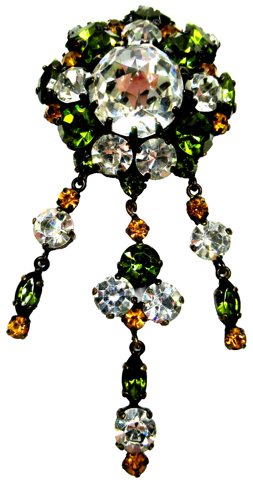 Austrian, French or German Dangling Green Yellow & Ice Rhinestone 1950’s Brooch