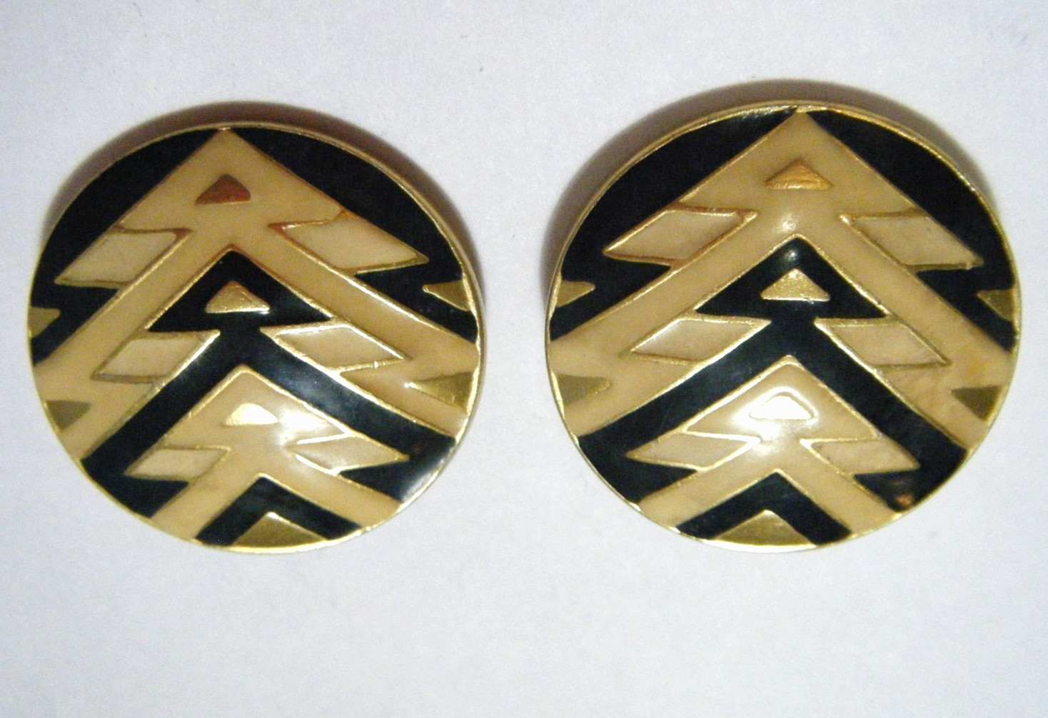 Vintage 80s Retro Orena Paris Gold ClipOn Large Button Earrings Geometric Enamel